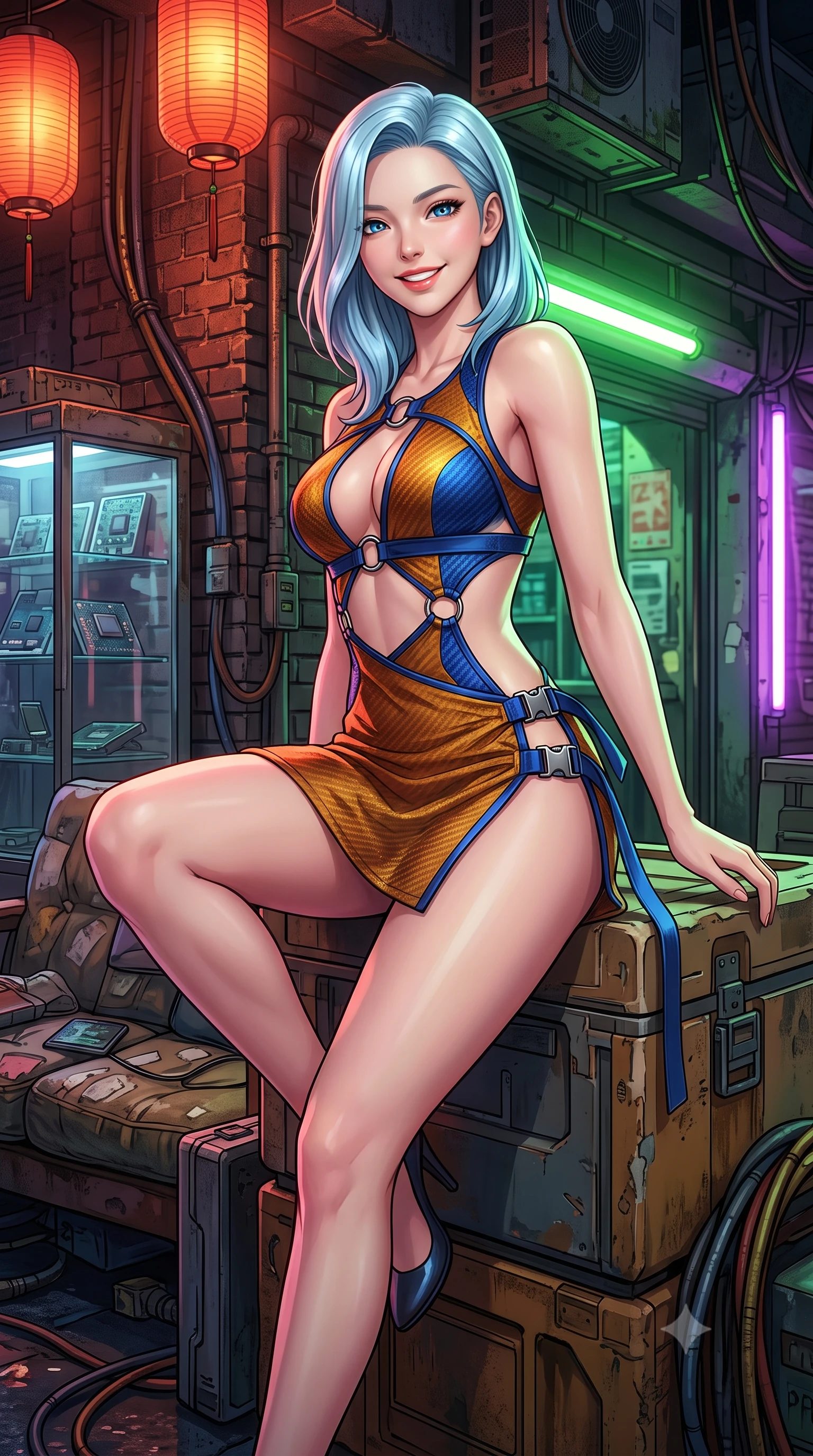 score_9, masterpiece, best quality, ultra-detailed, high-budget anime keyframe, semi-realistic 3D game render, editorial fashion photography, tasteful artistic composition, Korean woman. close-up cowboy shot from the waist and thighs up, the character dominates the composition, filling the frame with her large presence. perched sideways on the lounge seat, one knee drawn up to showcase her slender leg line while her arched back accentuates her feminine hip curve while sitting poised on the elevated industrial cargo crate with one knee bent, arching her back with playful warrior flair and parted glossy lips. The surrounding environment is rendered in vivid detail and crisp panoramic clarity: sharp wet brick textures, glass display case reflections with micro-chip components, and weathered cyberpunk cables in deep focus. She has an exceptionally elegant, slender, and willowy female figure with an ultra-slim waist, flat toned midriff, narrow ribcage, and sculpted feminine hips creating an alluring, slim hourglass silhouette without bulk. sharp v-shaped jawline, high-bridge nose, intricate jewel-like sparkling eyes with depth, thick eyelashes, glossy parted lips with a natural peach sheen, bright cheerful beaming smile with an enchanting and coquettish sensual glint, exuding both youthful cute charm and seductive allure, flawlessly proportioned anatomical accuracy, strict slender model proportions, natural body alignment, perfectly sculpted long slender limbs, ultra-slim waistline, clean dynamic posture without body distortion. wearing a provocative open-waist combat cutout mini dress framed by polished chrome ring hardware and thigh-high slit in Jovian storm amber and electric cobalt, woven from structured carbon-fiber jacquard with rich textural depth, finished with sleek magnetic buckle closures fluttering in the breeze, the high-slit wrap tailoring accentuating her ultra-slim waistline and the enchanting curve of her feminine hips with alluring seductive charm. bathed in warm 2200K crimson lantern light combined with vibrant green and ultraviolet market stall tube lights. highly saturated vibrant anime colors, detailed shading with soft gradients, rich glossy textures, high-contrast stereoscopic depth, volumetric dynamic lighting, master piece, 9:16 ratio