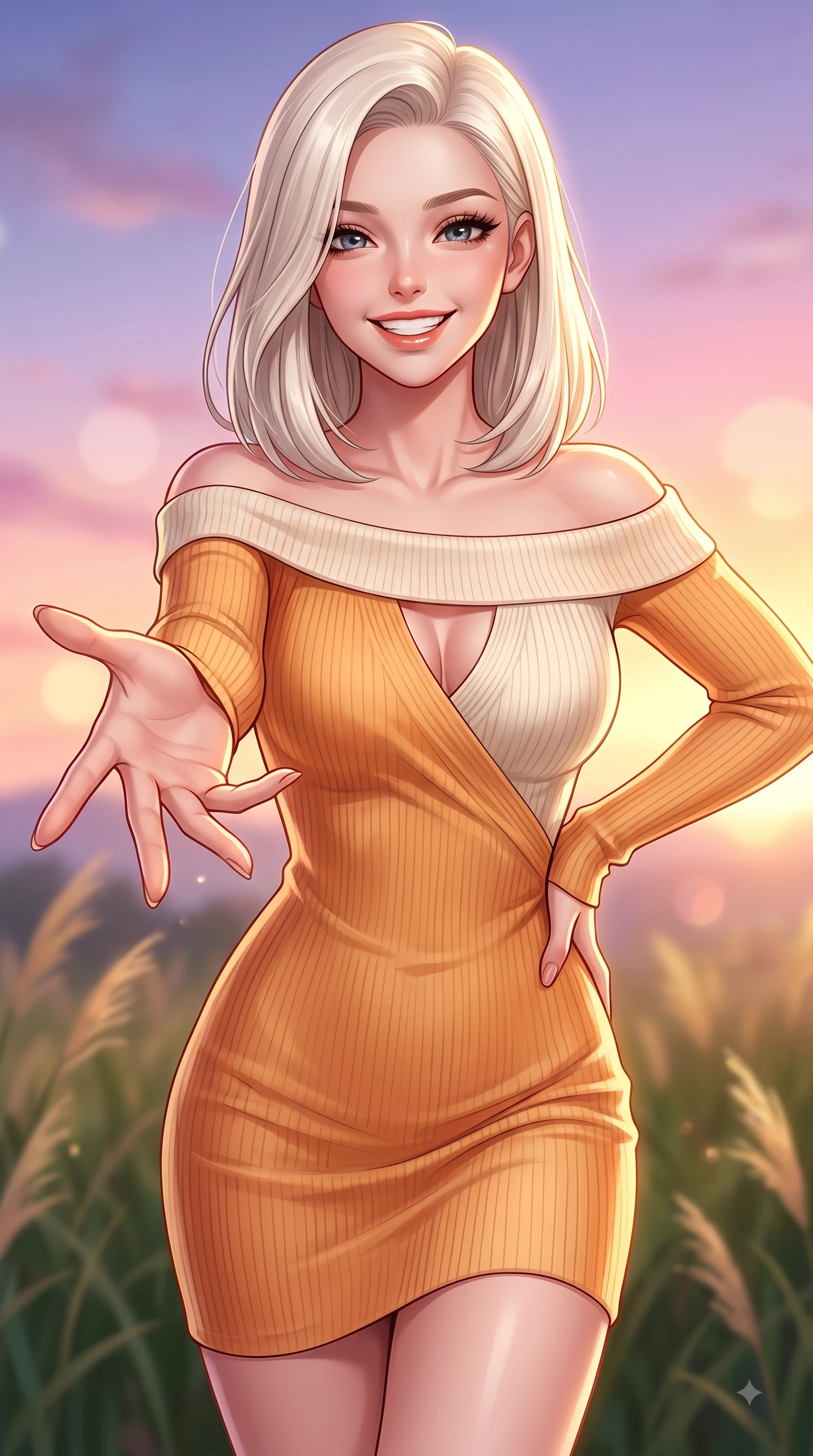 score_9, masterpiece, best quality, ultra-detailed, high-budget anime keyframe, editorial fashion photography, tasteful artistic composition, Caucasian woman. close-up cowboy shot from the waist and thighs up, the character dominates the composition, filling the frame with her large presence. Radiant youthful grin reflecting girlhood charm while casting a playful, joyful side-gaze with heavy lashes while reaching one hand out playfully toward the camera with a joyful, beaming smile. The composition keeps background elements in soft focus with dreamy bokeh. swaying park grasses and sunset sky gradients softened in dreamy background focus. She has an exceptionally elegant, slender, and willowy female figure with an ultra-slim waist, a gracefully sculpted slender torso, and a refined silhouette. sharp v-shaped jawline, high-bridge nose, intricate jewel-like eyes with depth, thick eyelashes, glossy lips with a natural sheen, flawlessly proportioned anatomical accuracy, natural body alignment, perfectly sculpted elegant limbs, clean dynamic posture without body distortion. wearing a sleek off-shoulder ribbed knit dress accentuating her graceful collarbones and slender waist in warm apricot orange and cream white, knitted from soft cozy cashmere yarn, accented with a Tasteful chest slit framing her clavicle gracefully, the elegant draped fit framing her graceful clavicle and slender torso. illuminated by soft glowing sunset reflections with cheerful golden rim lights. highly saturated vibrant anime colors, detailed shading with soft gradients, rich glossy textures, high-contrast stereoscopic depth, volumetric dynamic lighting, master piece, 9:16 ratio