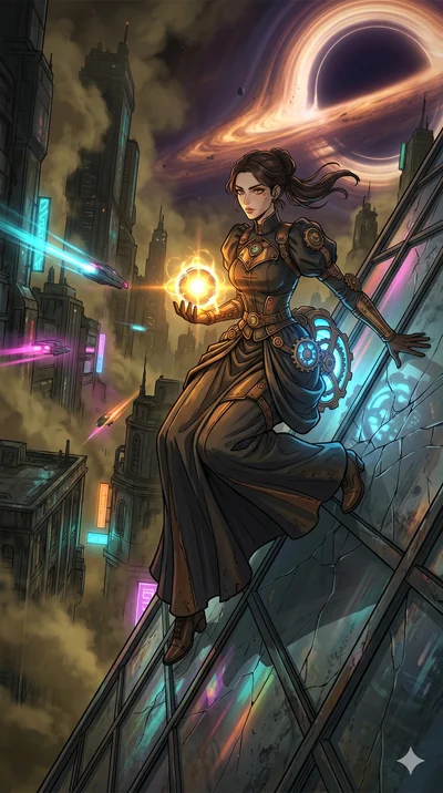 score_9, masterpiece, best quality, ultra-detailed, Set A: High-budget Anime Keyframe, Caucasian (human ears) woman. Low angle cowboy shot filling the entire 9:16 frame with her statuesque presence. Theme: Urban Decay. sliding down a glass skyscraper