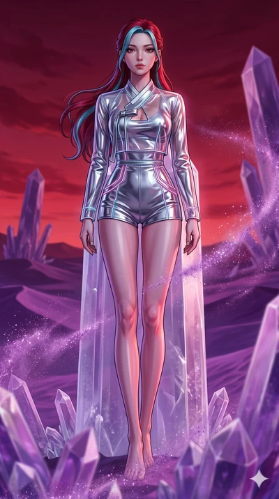 score_9, masterpiece, best quality, ultra-detailed, high-budget anime keyframe, Caucasian woman, strictly human ears. low angle full-body shot filling the entire 9:16 frame with her statuesque presence, stretching the vertical silhouette. standing at