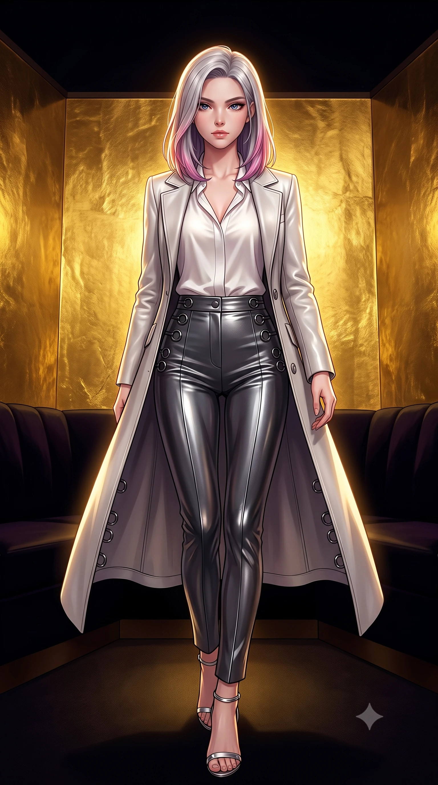 score_9, masterpiece, best quality, ultra-detailed, high-budget anime keyframe, editorial fashion photography, tasteful artistic composition, Caucasian woman. low angle full-body shot from head to toe showing her feet, filling the entire 9:16 vertical frame with her statuesque presence, stretching her vertical silhouette. navigating the private sanctuary with an effortless, graceful stride, standing in a private VIP lounge lined with hand-hammered gold-leaf walls, refined posture and magnetic charisma in her direct gaze. She has an absolutely perfect, statuesque 8.5-heads proportion, an exceptionally tall and slender model-like female figure with impossibly long slender legs and an ultra-slim waist. sharp v-shaped jawline, high-bridge nose, intricate jewel-like eyes with depth, thick eyelashes, glossy lips with a natural sheen. wearing structured platinum leather long coat over white silk blouse and tailored slacks in pearl white, made of liquid dark mercury jersey, trimmed with dark chrome ring hardware along the waist contours, sculpting her athletic slender build with refined precision. lit by intense golden spotlighting contrasting against dark velvet shadows. highly saturated vibrant anime colors, detailed shading with soft gradients, rich glossy textures, high-contrast stereoscopic depth, volumetric dynamic lighting, master piece, 9:16 ratio