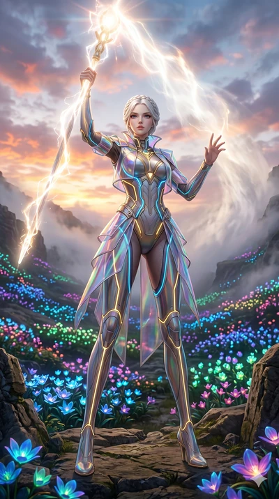 score_9, masterpiece, best quality, ultra-detailed, Set A: Photorealistic 8k CG, Japanese woman. Low angle cowboy shot filling the entire 9:16 frame with her statuesque presence. Summoning a staff of light that clears the fog in a mysterious misty va