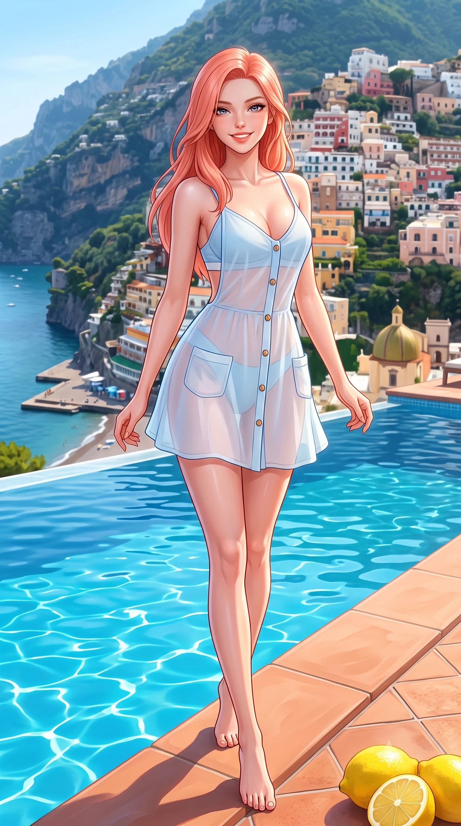score_9, masterpiece, best quality, ultra-detailed, high-budget anime keyframe, semi-realistic 3D game render, editorial fashion photography, tasteful artistic composition, Japanese woman. low angle full-body shot from head to toe showing her feet, filling the entire 9:16 vertical frame with her statuesque presence, stretching her vertical silhouette. stepping forward gracefully in mid-motion with a radiant beaming smile, hips swaying in an alluring kinetic rhythm that accentuates her curvy hourglass silhouette and long slender legs while leaning back against the smooth terracotta pool coping, her long slender legs and feminine curves highlighted as Positano cascades down behind her. The surrounding environment is rendered in vivid detail and crisp panoramic clarity. sharp pool water surface tension, terracotta tile textures, and lemon rind details in deep focus. She has an exceptionally tall and slender model-like 8.5-heads proportion, an ultra-slim waist, a flat toned midriff, narrow delicate ribcage, and beautifully sculpted feminine hips creating a graceful, slim hourglass silhouette without any bulky heaviness, with impossibly long slender legs. sharp v-shaped jawline, high-bridge nose, intricate jewel-like sparkling eyes with depth, thick eyelashes, glossy parted lips with a natural peach sheen, bright cheerful beaming smile with an enchanting and coquettish sensual glint, exuding both youthful cute charm and seductive allure, flawlessly proportioned anatomical accuracy, strict slender model proportions, natural body alignment, perfectly sculpted long slender limbs, ultra-slim waistline, clean dynamic posture without body distortion. wearing a delicate semi-sheer chiffon sun-slip dress layered over a matching pastel bralette, hugging her slender waist and hips in soft baby blue and crisp cloud white, crafted from liquid-tight stretch jersey emphasizing every curve, finished with neat front wooden buttons and delicate pocket details, the precision-cut side openings and low-back scoop framing her graceful spine and the sensual sweep of her slim, toned hips. illuminated by intense pool water specular reflections sharply defining her razor-sharp jawline, narrow waist, and curvy hips. highly saturated vibrant anime colors, detailed shading with soft gradients, rich glossy textures, high-contrast stereoscopic depth, volumetric dynamic lighting, master piece, 9:16 ratio