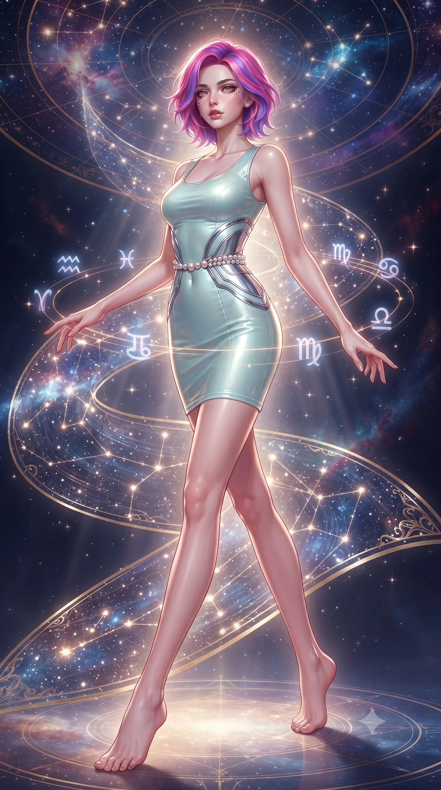 score_9, masterpiece, best quality, ultra-detailed, high-budget anime keyframe, editorial fashion photography, tasteful artistic composition, Caucasian woman. low angle full-body shot from head to toe showing her feet, filling the entire 9:16 vertical frame with her statuesque presence, stretching her vertical silhouette. navigating the celestial sanctuary with an effortless, graceful stride, navigating a constellation map woven from starlight threads and gold filigree, translucent zodiac glyphs orbiting around her delicate hands. She has an absolutely perfect, statuesque 8.5-heads proportion, an exceptionally tall and slender model-like female figure with impossibly long slender legs and an ultra-slim waist. sharp v-shaped jawline, high-bridge nose, intricate jewel-like eyes with depth, thick eyelashes, glossy lips with a natural sheen. wearing precision-fitted bodycon dress in high-gloss liquid pearl vinyl in pale opal seafoam, made of sculpted platinum chrome, adorned with minimalist pearl hardware framing the waistline, contouring every curve with an exceptionally elegant silhouette. surrounded by a glowing aura of starlight and shimmering celestial rays. highly saturated vibrant anime colors, detailed shading with soft gradients, rich glossy textures, high-contrast stereoscopic depth, volumetric dynamic lighting, master piece, 9:16 ratio