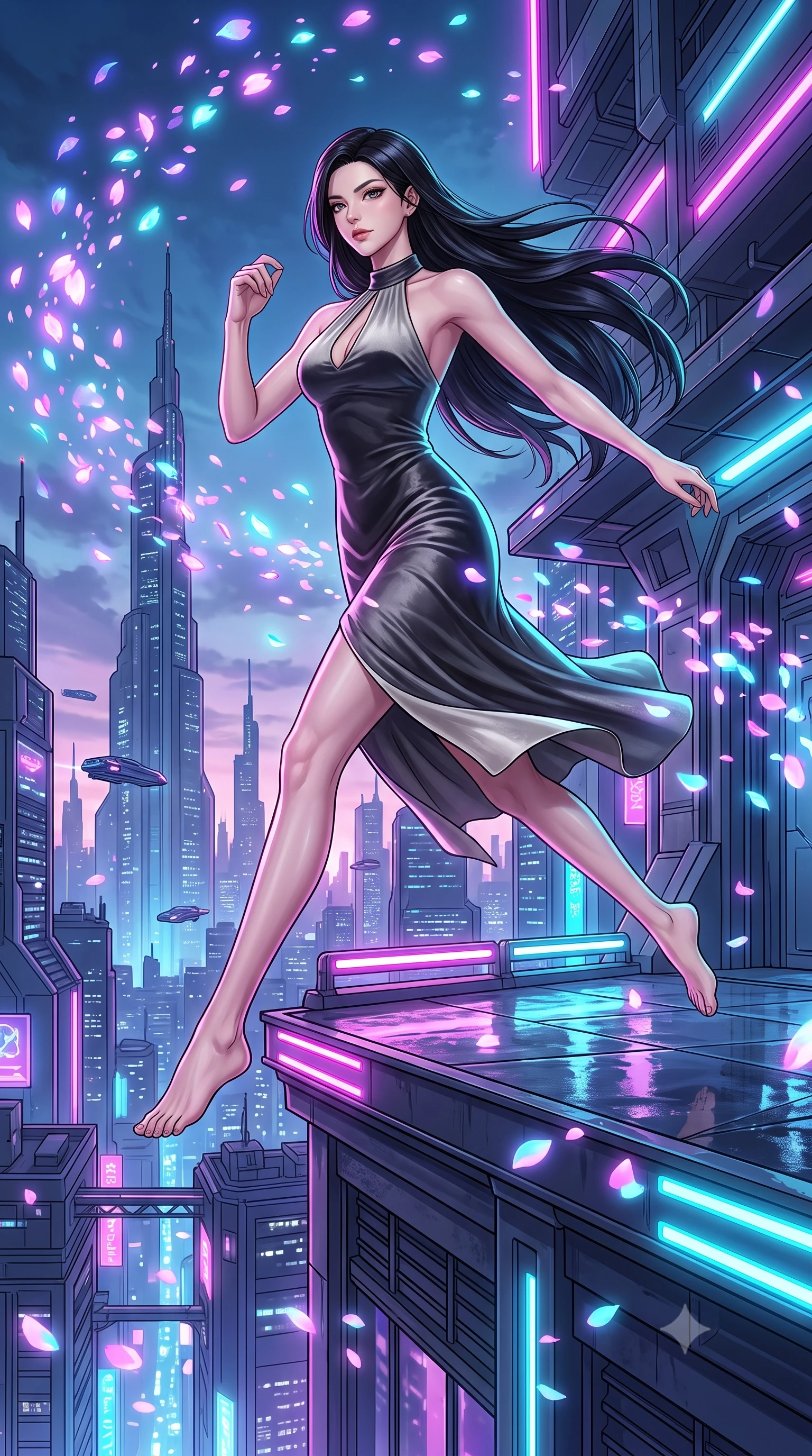 score_9, masterpiece, best quality, ultra-detailed, high-budget anime keyframe, editorial fashion photography, tasteful artistic composition, Korean woman. low angle full-body shot from head to toe showing her feet, filling the entire 9:16 vertical frame with her statuesque presence, stretching her vertical silhouette. stepping forward in a proud dynamic stride, her vertical silhouette filling the frame with statuesque presence while leaping across the ledge of a skyscraper rooftop as digital sakura petals blizzard around her, wet rooftop surfaces reflecting glowing pink, purple, and cyan neon light bars. She has an absolutely perfect, statuesque 8.5-heads proportion, an exceptionally tall and slender model-like female figure with impossibly long slender legs and an ultra-slim waist. sharp v-shaped jawline, high-bridge nose, intricate jewel-like eyes with depth, thick eyelashes, glossy lips with a natural sheen, flawlessly proportioned anatomical accuracy, natural body alignment, perfectly sculpted elegant limbs, clean dynamic posture without body distortion. wearing a velvet halter-neck midi dress following her form like a glove in charcoal grey and platinum, crafted from lustrous satin jersey with fluid draping, accented with a Tasteful chest slit framing her clavicle gracefully, the glove-like fit emphasizing her statuesque silhouette during motion. surrounded by a high-energy futuristic cityscape atmosphere. highly saturated vibrant anime colors, detailed shading with soft gradients, rich glossy textures, high-contrast stereoscopic depth, volumetric dynamic lighting, master piece, 9:16 ratio