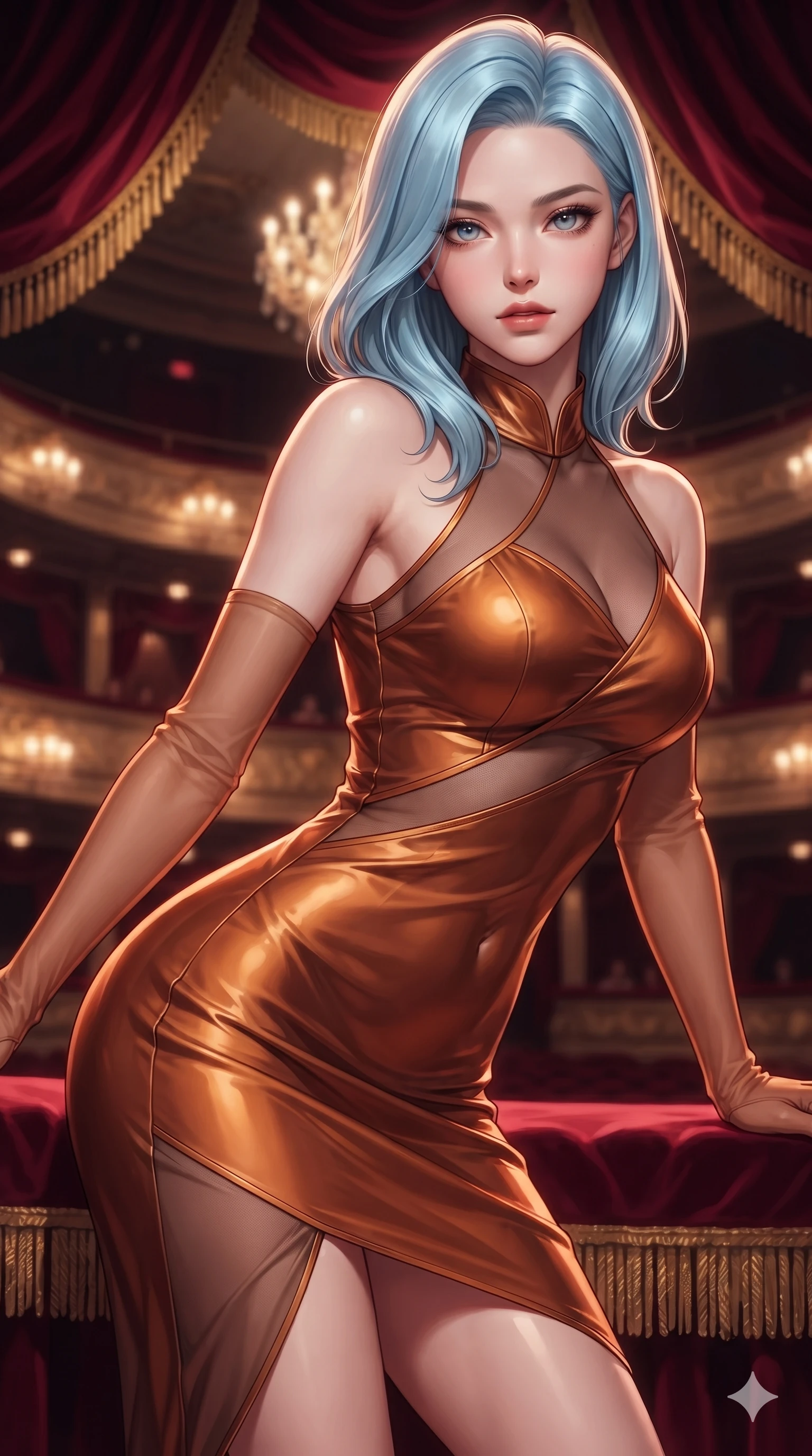 score_9, masterpiece, best quality, ultra-detailed, high-budget anime keyframe, editorial fashion photography, tasteful artistic composition, Korean woman. close-up cowboy shot from the waist and thighs up, the character dominates the composition, filling the frame with her large presence. leaning forward while arching her lower back to accentuate her curvy hips, looking into the camera with an intoxicating smoldering gaze and bedroom-eyes while twisting her slender torso in an alluring S-curve, glowing stage footlights from below tracing her flat midriff and hourglass curves. The background shows a soft-focus plush crimson velvet curtain swags with gold bullion fringe, tiers of illuminated opera house loges, and crystal chandelier haze blurred into crimson, gold, and charcoal bokeh. She has an exceptionally elegant, slender, and willowy female figure with an ultra-slim waist, flat toned midriff, narrow ribcage, and sculpted feminine hips creating an alluring, slim hourglass silhouette without bulk. sharp v-shaped jawline, high-bridge nose, intricate jewel-like sparkling eyes with depth, thick eyelashes, glossy parted lips with a natural sheen, intensely captivating and seductive bedroom-eyes expression, exuding both youthful cute charm and sovereign luxury allure, flawlessly proportioned anatomical accuracy, strict slender model proportions, natural body alignment, perfectly sculpted long slender limbs, ultra-slim waistline, clean dynamic posture without body distortion. wearing a wet-look silk fusion wrap dress with asymmetrical sheer mesh cutouts and high Mandarin collar in rich copper bronze and warm amber, woven from buttery-soft stretch lambskin leather adhering to her body like a second skin, complemented by sheer opera-length evening gloves tracing her slender arms, the liquid-tight tailored fabric clinging flawlessly to her narrow waist and rounded feminine hips, emphasizing every millimeter of her sculpted slim hourglass curves without any bulky heaviness. illuminated by velvet railing bounce and sharp gold-crimson rim lights defining her razor-sharp jawline, narrow waist, and curvy hips. ultra-reflective glossy finish, specular highlights, rich textural contrasts, high-contrast stereoscopic depth, volumetric dynamic lighting, 2k, ultra detail, master piece, 9:16 ratio