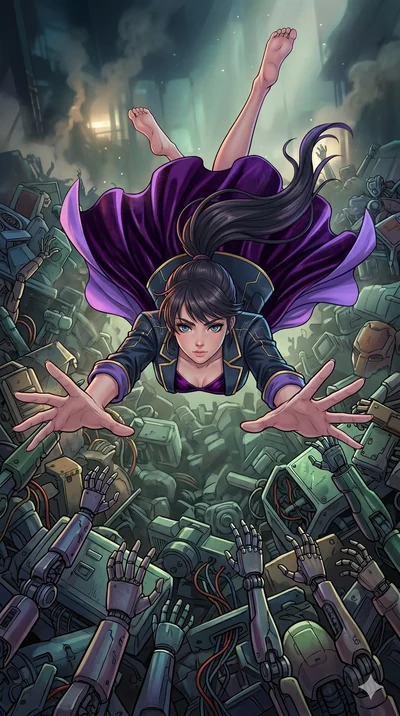 score_9, masterpiece, best quality, ultra-detailed, high-budget anime movie keyframe, cinematic anime lighting, intricate line art, Caucasian (strictly human ears) woman. Extreme high angle shot as she leaps towards the camera, filling the frame. sur