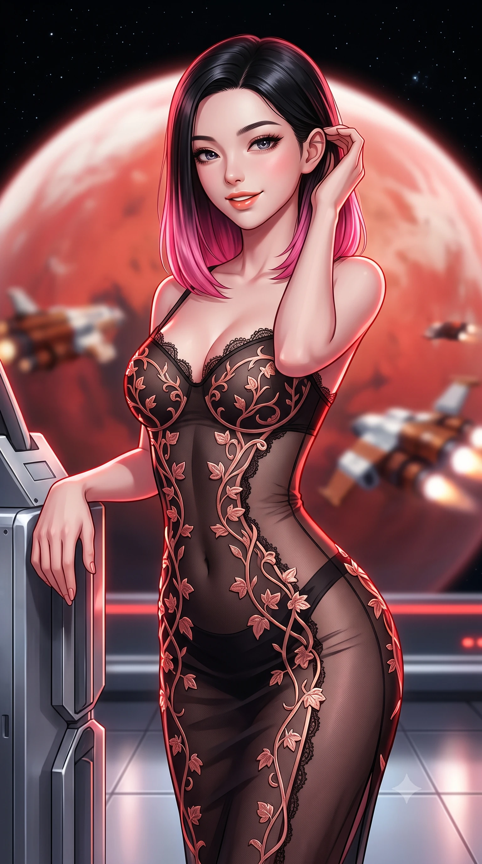 score_9, masterpiece, best quality, ultra-detailed, high-budget anime keyframe, semi-realistic 3D game render, editorial fashion photography, tasteful artistic composition, Korean woman. close-up cowboy shot from the waist and thighs up, the character dominates the composition, filling the frame with her large presence. gently brushing a lock of hair behind her ear while casting a playful, flirtatious side-gaze with long eyelashes while leaning against the magnetic tether station with hips cocked back, looking through the vacuum seal field at approaching combat shuttles with heavy-lidded bedroom-eyes. The background shows a soft-focus gigantic curved red-and-white globe of Mars filling the view, countless stars in the black vacuum, and docking shuttle thrusters blurred into rust, white, and topaz bokeh. She has an exceptionally elegant, slender, and willowy female figure with an ultra-slim waist, flat toned midriff, narrow ribcage, and sculpted feminine hips creating an alluring, slim hourglass silhouette without bulk. sharp v-shaped jawline, high-bridge nose, intricate jewel-like sparkling eyes with depth, thick eyelashes, glossy parted lips with a natural peach sheen, bright cheerful beaming smile with an enchanting and coquettish sensual glint, exuding both youthful cute charm and seductive allure, flawlessly proportioned anatomical accuracy, strict slender model proportions, natural body alignment, perfectly sculpted long slender limbs, ultra-slim waistline, clean dynamic posture without body distortion. wearing a provocative sheer noir illusion mesh combat dress with embroidered climbing metallic ivy ribbons contouring her curves in Solaris liquid rose-quartz and alien peach, featuring strategic sheer-illusion tulle side panels framing her ribcage and hips, finished with scalloped eyelash lace trim framing her sweetheart neckline with intimate elegance, the form-contouring silhouette accentuating her sculpted flat midriff, narrow delicate ribcage, and gracefully curvy hips with intoxicating allure. illuminated by titanium floor reflection bounce and sharp Mars-red rim lights defining her jawline, narrow waist, and curvy hips. highly saturated vibrant anime colors, detailed shading with soft gradients, rich glossy textures, high-contrast stereoscopic depth, volumetric dynamic lighting, master piece, 9:16 ratio