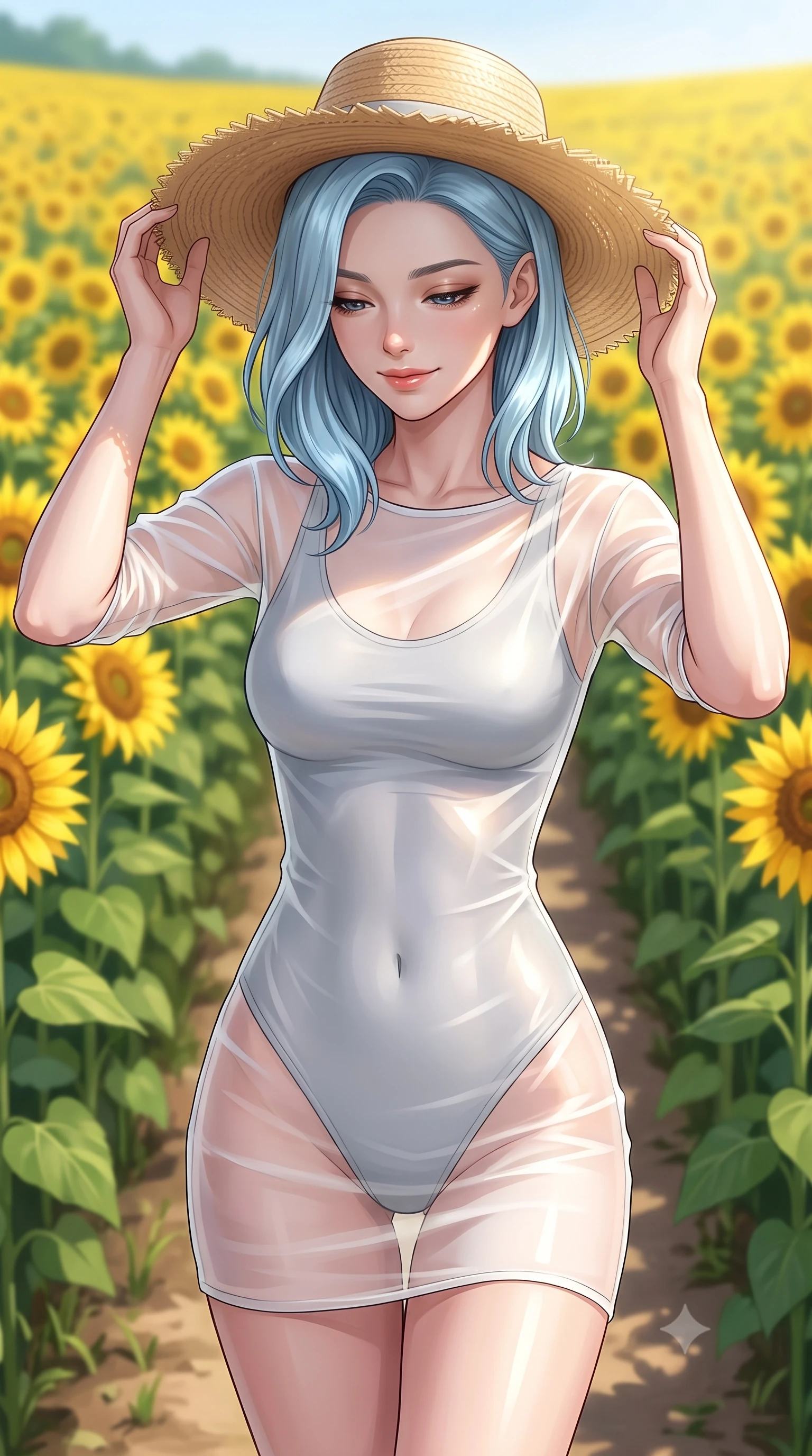 score_9, masterpiece, best quality, ultra-detailed, high-budget anime keyframe, editorial fashion photography, tasteful artistic composition, Korean woman woman. close-up cowboy shot from the waist and thighs up, the character dominates the composition, filling the frame with her large presence, background elements kept in soft focus. holding a wide-brimmed straw hat with both hands against the breeze, looking down with a soft smile the background shows a soft-focus a dirt path passing through a vast field of tall blooming yellow sunflowers. She has an exceptionally elegant, slender, and willowy female figure with an ultra-slim waist, a gracefully sculpted slender torso, and a refined silhouette. sharp v-shaped jawline, high-bridge nose, intricate jewel-like eyes with depth, thick eyelashes, glossy lips with a natural sheen. wearing a body-hugging sheer white organza resort cover-up worn over a form-fitting one-piece swimsuit, showing her elegant clavicle lines. bright, direct afternoon sun rays casting cheerful highlights. 2k, ultra detail, master piece, 9:16 ratio