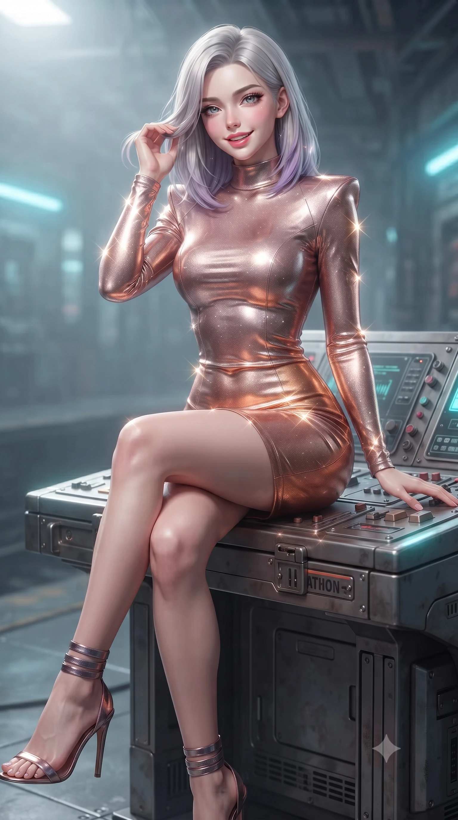 score_9, masterpiece, best quality, ultra-detailed, high-budget anime keyframe, editorial fashion photography, tasteful artistic composition, Caucasian woman. close-up cowboy shot from the waist and thighs up, the character dominates the composition, filling the frame with her large presence. gently brushing a lock of hair behind her ear while casting a playful, flirtatious side-gaze with long eyelashes while sitting gracefully on the industrial control station console with legs crossed, flashing a teasing smile with parted glossy lips. The background shows a soft-focus industrial ozone haze softened in subterranean transit hub shallow focus. She has an exceptionally elegant, slender, and willowy female figure with an ultra-slim waist, flat toned midriff, narrow ribcage, and sculpted feminine hips creating an alluring, slim hourglass silhouette without bulk. sharp v-shaped jawline, high-bridge nose, intricate jewel-like sparkling eyes with depth, thick eyelashes, glossy parted lips with a natural peach sheen, bright cheerful beaming smile with an enchanting and coquettish sensual glint, exuding both youthful cute charm and seductive allure, flawlessly proportioned anatomical accuracy, strict slender model proportions, natural body alignment, perfectly sculpted long slender limbs, ultra-slim waistline, clean dynamic posture without body distortion. wearing a body-hugging liquid mercury jersey combat gown with high mock neck and structured shoulder pads clinging flawlessly to her silhouette in high-gloss rose-gold and burnished copper, woven from stretch metallic lurex jersey casting radiant starlight glints across her curves, complemented by strappy stiletto sandals with metallic ankle wraps accentuating her slender calves, the form-contouring silhouette accentuating her sculpted flat midriff, narrow delicate ribcage, and gracefully curvy hips with intoxicating allure. illuminated by steel catwalk reflection bounce and sharp electric-cyan rim lights sculpting her jawline, narrow waist, and curvy hips. ultra-reflective glossy finish, specular highlights, rich textural contrasts, high-contrast stereoscopic depth, volumetric dynamic lighting, 2k, ultra detail, master piece, 9:16 ratio