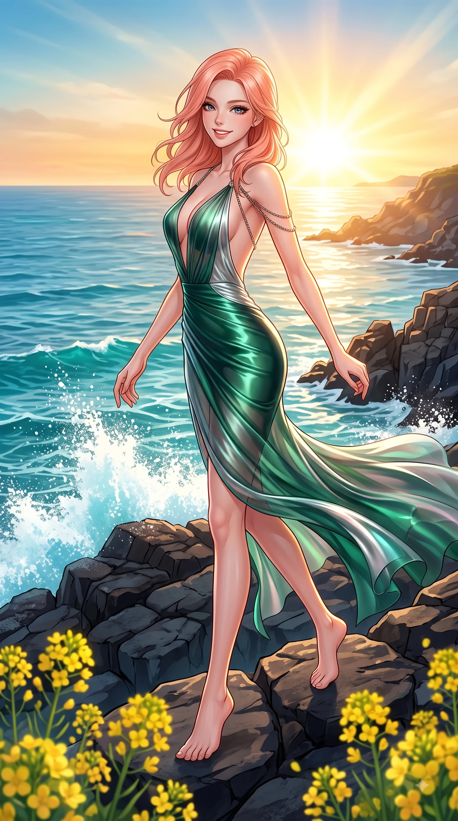 score_9, masterpiece, best quality, ultra-detailed, high-budget anime keyframe, editorial fashion photography, tasteful artistic composition, Japanese woman. low angle full-body shot from head to toe showing her feet, filling the entire 9:16 vertical frame with her statuesque presence, stretching her vertical silhouette. forging dynamically through the scene with a fresh infectious smile, her ultra-slim waist creating a sweeping curve while pivoting gracefully on dark basalt sea rocks as turquoise ocean waves splash nearby, blooming yellow canola flowers and dark volcanic basalt rocks contrasting with azure sea. She has an absolutely perfect, statuesque 8.5-heads proportion, an exceptionally tall and slender model-like female figure with impossibly long slender legs and an ultra-slim waist. sharp v-shaped jawline, high-bridge nose, intricate jewel-like eyes with depth, thick eyelashes, glossy lips with a natural sheen, flawlessly proportioned anatomical accuracy, natural body alignment, perfectly sculpted elegant limbs, clean dynamic posture without body distortion. wearing a translucent iridescent chiffon gown with a plunging neckline and open back in deep emerald green and silver accent, crafted from lustrous satin jersey with fluid draping, adorned with delicate metallic chain straps along the neckline, the tailored fabric tightly following every curve of her athletic build. illuminated by a glorious golden hour sunburst over deep blue island ocean waves. highly saturated vibrant anime colors, detailed shading with soft gradients, rich glossy textures, high-contrast stereoscopic depth, volumetric dynamic lighting, master piece, 9:16 ratio