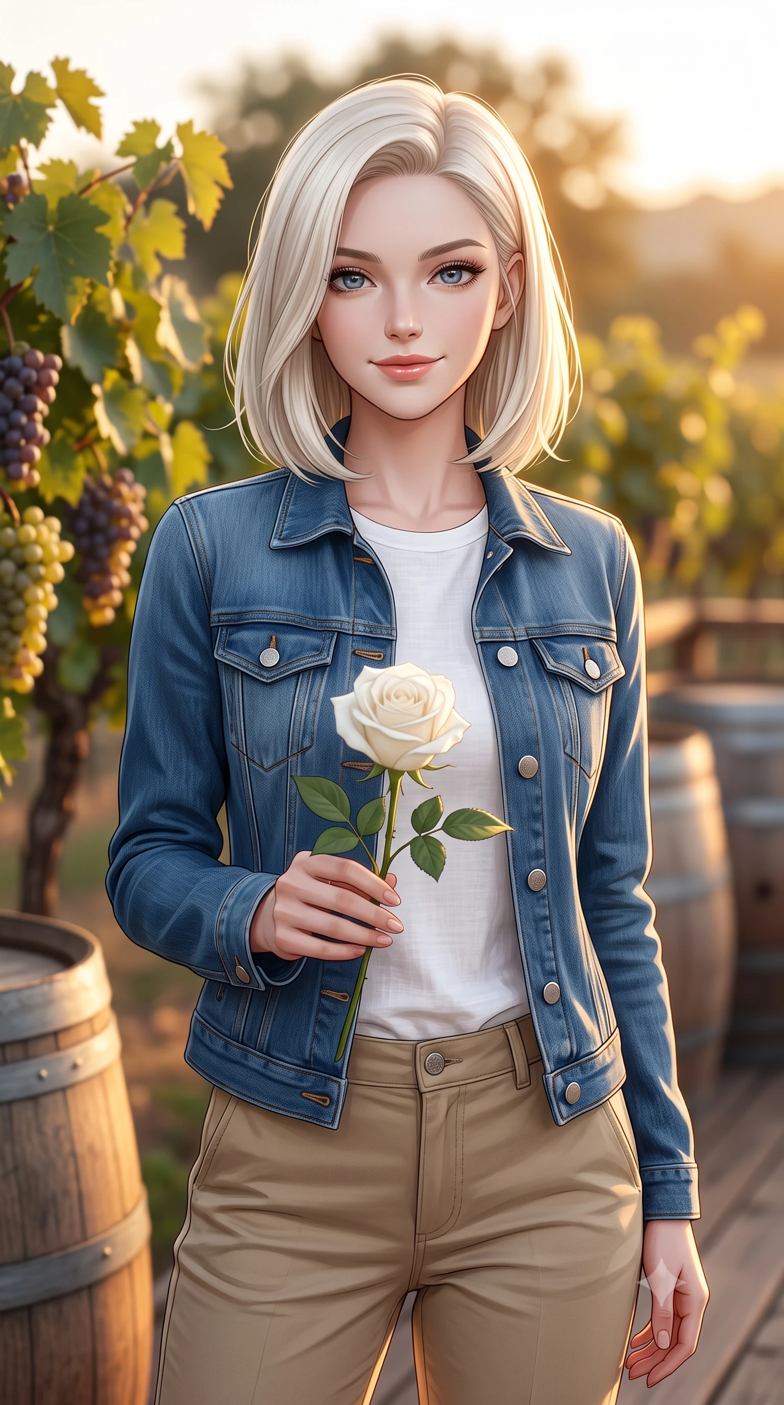 score_9, masterpiece, best quality, ultra-detailed, high-budget anime keyframe, editorial fashion photography, tasteful artistic composition, Caucasian woman woman. close-up cowboy shot from the waist and thighs up, the character dominates the composition, filling the frame with her large presence, background elements kept in soft focus. gazing directly at the viewer with a calm and welcoming expression, holding a fresh flower the background shows a soft-focus a wooden terrace of a vineyard winery, with wooden barrels and grapevines in soft focus. She has an exceptionally elegant, slender, and willowy female figure with an ultra-slim waist, a gracefully sculpted slender torso, and a refined silhouette. sharp v-shaped jawline, high-bridge nose, intricate jewel-like eyes with depth, thick eyelashes, glossy lips with a natural sheen. wearing a tailored clean-cut blue denim jacket over a white linen crewneck tee and khaki chino pants. warm golden hour light tracing the grapevines and wine glasses in a golden rim light. 2k, ultra detail, master piece, 9:16 ratio