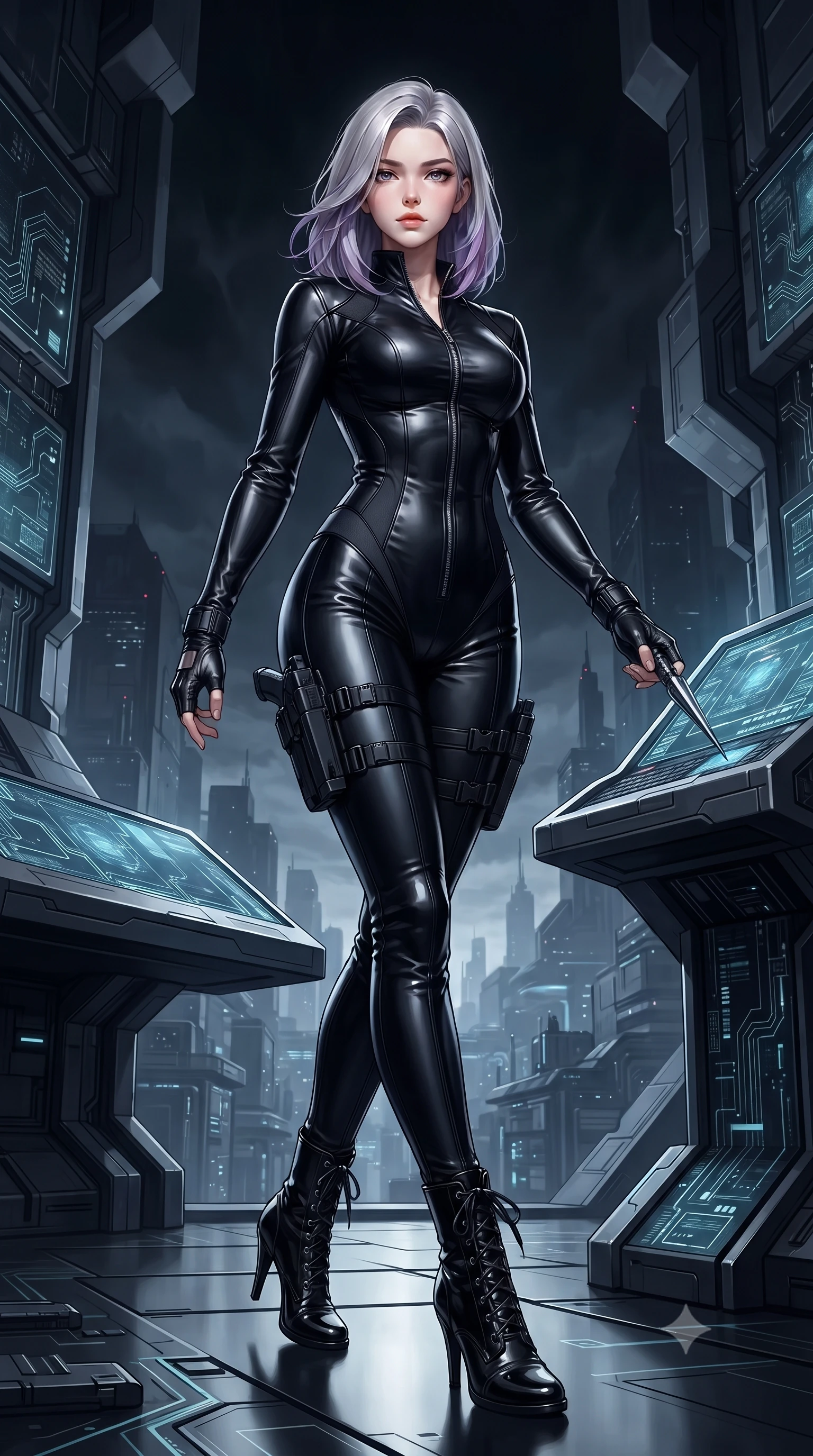 score_9, masterpiece, best quality, ultra-detailed, high-budget anime keyframe, editorial fashion photography, tasteful artistic composition, Caucasian woman. low angle full-body shot from head to toe showing her feet, filling the entire 9:16 vertical frame with her statuesque presence, stretching her vertical silhouette. stepping forward gracefully in mid-motion, displaying her toned flat midriff and flawlessly sculpted slender limbs while holding a high-tech data-extraction spike near a master console terminal with supreme operative confidence. The surrounding environment is rendered in vivid detail and crisp panoramic clarity. deep high-contrast espionage chiaroscuro and ultra-modern data fortress architecture in precision. She has an absolutely perfect, statuesque 8.5-heads proportion, an exceptionally tall and slender model-like female figure with impossibly long slender legs, a toned flat midriff, and an ultra-slim waist. sharp v-shaped jawline, high-bridge nose, intricate jewel-like eyes with depth, thick eyelashes, glossy lips with a natural sheen, captivating and magnetic expression, flawlessly proportioned anatomical accuracy, strict slender model proportions, natural body alignment, perfectly sculpted long slender limbs, ultra-slim waistline, clean dynamic posture without body distortion. wearing a sophisticated covert-ops catsuit with liquid jersey panels and quick-draw thigh holsters in stealth obsidian black and midnight navy, tailored from second-skin supple lambskin leather with liquid drape, complemented by tactical fingerless combat gloves and stiletto combat boots, the glove-like aerodynamic second-skin fit tightly clinging to her ultra-slender waist and athletic curves without adding bulk, accentuating her razor-sharp statuesque lines and slim hourglass silhouette. surrounded by a deadly, sophisticated, and irresistibly alluring secret agent femme fatale aura. ultra-reflective glossy finish, specular highlights, rich textural contrasts, high-contrast stereoscopic depth, volumetric dynamic lighting, 2k, ultra detail, master piece, 9:16 ratio