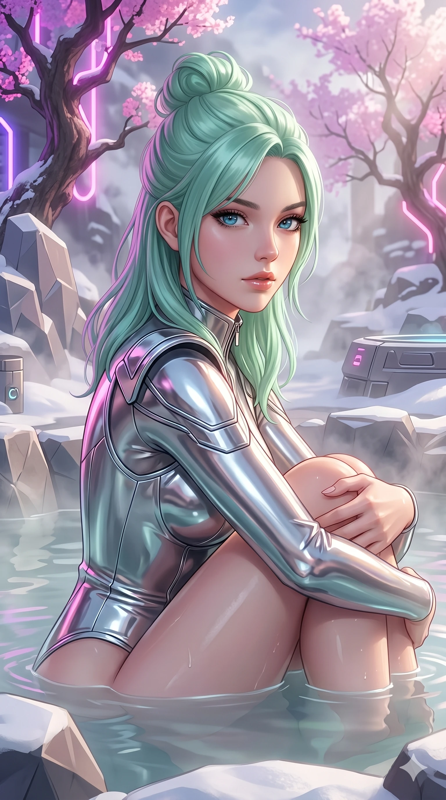 score_9, masterpiece, best quality, ultra-detailed, high-budget anime keyframe, semi-realistic 3D game render, Japanese woman. Upper body close-up from the thighs up, character filling the screen for maximum presence. She is relaxing in a futuristic geothermal hot spring surrounded by snow and neon cherry trees. She wraps her arms around her knees, looking over her shoulder with magnetic eyes. She has an absolutely perfect 8-heads proportion, a tall and elegant figure with a refined silhouette and a defined waistline. V-shaped jawline, high-bridge nose, intricate jewel-like eyes with depth, thick eyelashes, glossy lips with a natural sheen. She is wearing a sleek tailored top in liquid-chrome finish that complements her silhouette, styled with sophisticated architectural shoulder accents and a modern zip collar. The scene is bathed in soft morning sun filtering through dense steam and a sharp pink neon key light. 2k, ultra detail, master piece, 9:16 ratio