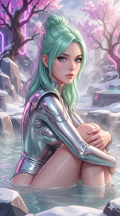 score_9, masterpiece, best quality, ultra-detailed, high-budget anime keyframe, semi-realistic 3D game render, Japanese woman. Upper body close-up from the thighs up, character filling the screen for maximum presence. She is relaxing in a futuristic 