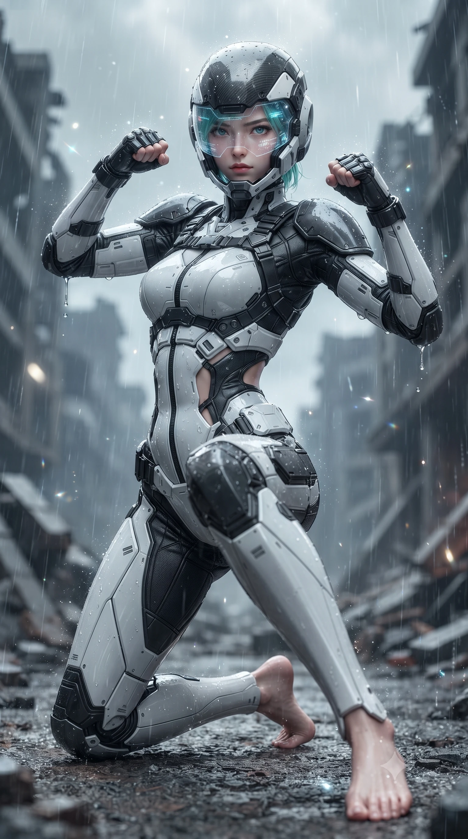 score_9, masterpiece, best quality, ultra-detailed, high-budget anime keyframe, editorial fashion photography, tasteful artistic composition, Japanese woman. low angle full-body shot from head to toe showing her feet, filling the entire 9:16 vertical frame with her statuesque presence, stretching her vertical silhouette. landing gracefully from a high-altitude leap on one knee and palm, her statuesque silhouette framed by radial shockwave ripples in the ground while arching her spine in a fluid combat stance with fists raised as cold rain streams down her sleek armored shoulder pauldrons. The composition keeps background elements in soft focus with creamy bokeh. sparkling rain streaks and HUD visor holographic glints scattering light motes across a ruined backdrop. She has an absolutely perfect, statuesque 8.5-heads proportion, an exceptionally tall and slender model-like female figure with impossibly long slender legs, a toned flat midriff, and an ultra-slim waist. sharp v-shaped jawline, high-bridge nose, intricate jewel-like eyes with depth, thick eyelashes, glossy lips with a natural sheen, fierce and resolute heroine expression, flawlessly proportioned anatomical accuracy, strict slender model proportions, natural body alignment, perfectly sculpted long slender limbs, ultra-slim waistline, clean dynamic posture without body distortion. wearing an open-face aerodynamic carbon-fiber combat helmet with a retracted transparent holographic HUD visor framing her sharp jawline and jewel-like eyes, paired with a tailored tactical combat jumpsuit with an open-back harness design, reinforced composite breastplate, and high-mobility elbow dampers in monochrome white enamel carbon with high-contrast black tactical panels, made of lightweight aerodynamic carbon-titanium alloy with precision-beveled armor seams, finished with high-mobility flexible armor articulation seams and miniature magnetic locks, the precision-cut daring openings accentuating her delicate midriff, graceful bare collarbones, and ultra-slim feminine waistline. illuminated by crisp white key lighting with sharp specular highlights tracing her sculpted armor and slender curves. ultra-reflective glossy finish, specular highlights, dark metallic sheen, high-contrast stereoscopic depth, volumetric dynamic lighting, 2k, ultra detail, master piece, 9:16 ratio