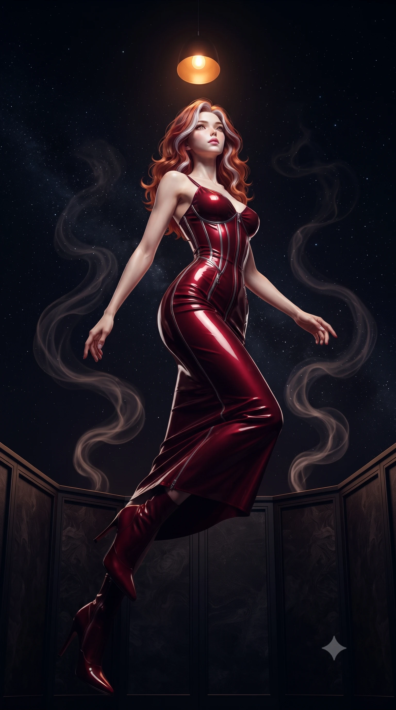 score_9, masterpiece, best quality, ultra-detailed, high-budget anime keyframe, editorial fashion photography, tasteful artistic composition, Caucasian woman. low angle full-body shot from head to toe showing her feet, filling the entire 9:16 vertical frame with her statuesque presence, stretching her vertical silhouette. leaping dynamically through the starry space, her posture full of power and elegance, looking up with a magnetic, composed expression from a dark private booth, swirling aromatic smoke trails rising gracefully into the dark moody air. She has an absolutely perfect, statuesque 8.5-heads proportion, an exceptionally tall and slender model-like female figure with impossibly long slender legs and an ultra-slim waist. sharp v-shaped jawline, high-bridge nose, intricate jewel-like eyes with depth, thick eyelashes, glossy lips with a natural sheen. wearing form-contouring dark crimson liquid silk long slip dress in metallic dark silver, made of high-gloss liquid vinyl, finished with metallic silver boning and sleek zipper points, highlighting her statuesque proportions and ultra-slim waistline. illuminated by a single warm amber pendant light directly above into pitch darkness. highly saturated vibrant anime colors, detailed shading with soft gradients, rich glossy textures, high-contrast stereoscopic depth, volumetric dynamic lighting, master piece, 9:16 ratio