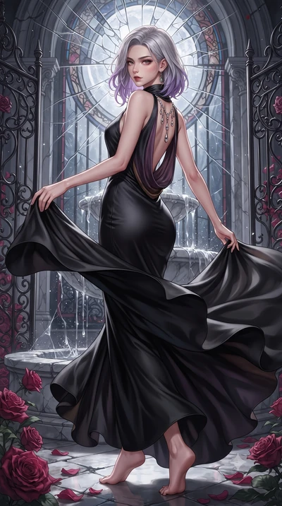 score_9, masterpiece, best quality, ultra-detailed, high-budget anime keyframe, editorial fashion photography, tasteful artistic composition, Caucasian woman. low angle full-body shot from head to toe showing her feet, filling the entire 9:16 vertica