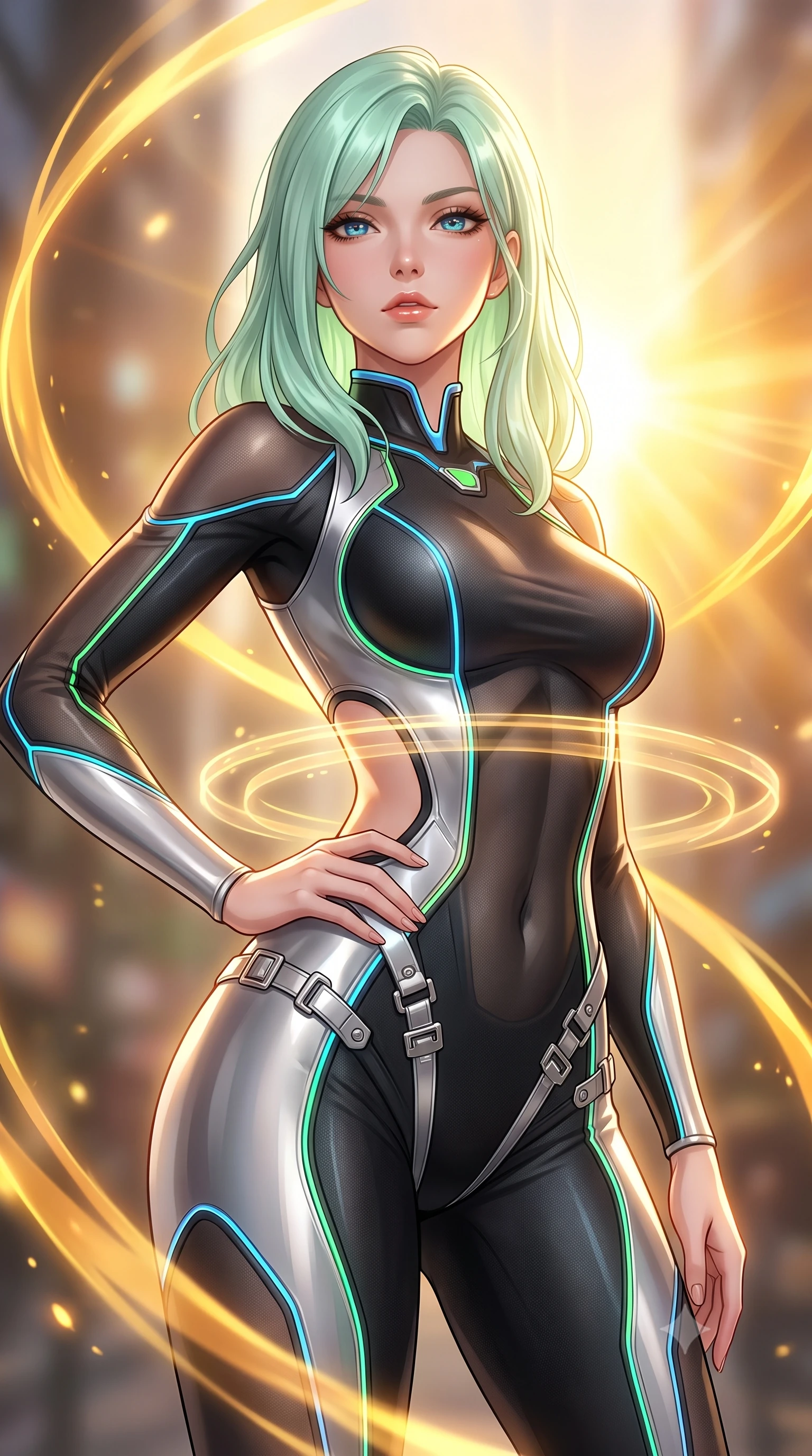 score_9, masterpiece, best quality, ultra-detailed, high-budget anime keyframe, editorial fashion photography, tasteful artistic composition, Japanese woman. close-up cowboy shot from the waist and thighs up, the character dominates the composition, filling the frame with her large presence, background elements kept in soft focus. Holding a powerful dynamic pose with one hand on her hip and body angled dramatically toward the key light while pivoting sharply with a dynamic waist tilt as golden solar flare ribbons swirl around her, translucent golden energy rings orbiting around her slender waist in mid-air. She has an exceptionally elegant, slender, and willowy female figure with an ultra-slim waist, a gracefully sculpted slender torso, and a refined silhouette. sharp v-shaped jawline, high-bridge nose, intricate jewel-like eyes with depth, thick eyelashes, glossy lips with a natural sheen, flawlessly proportioned anatomical accuracy, natural body alignment, perfectly sculpted elegant limbs, clean dynamic posture without body distortion. wearing a skin-tight cybernetic bodysuit with glowing neon seams and side cutouts in matte black and polished silver, woven from fine semi-opaque sheer organza, detailed with polished silver buckles along the waistline, the elegant draped fit framing her graceful clavicle and slender torso. bathed in glorious golden solar flares and intense warm sunburst backlighting. highly saturated vibrant anime colors, detailed shading with soft gradients, rich glossy textures, high-contrast stereoscopic depth, volumetric dynamic lighting, master piece, 9:16 ratio