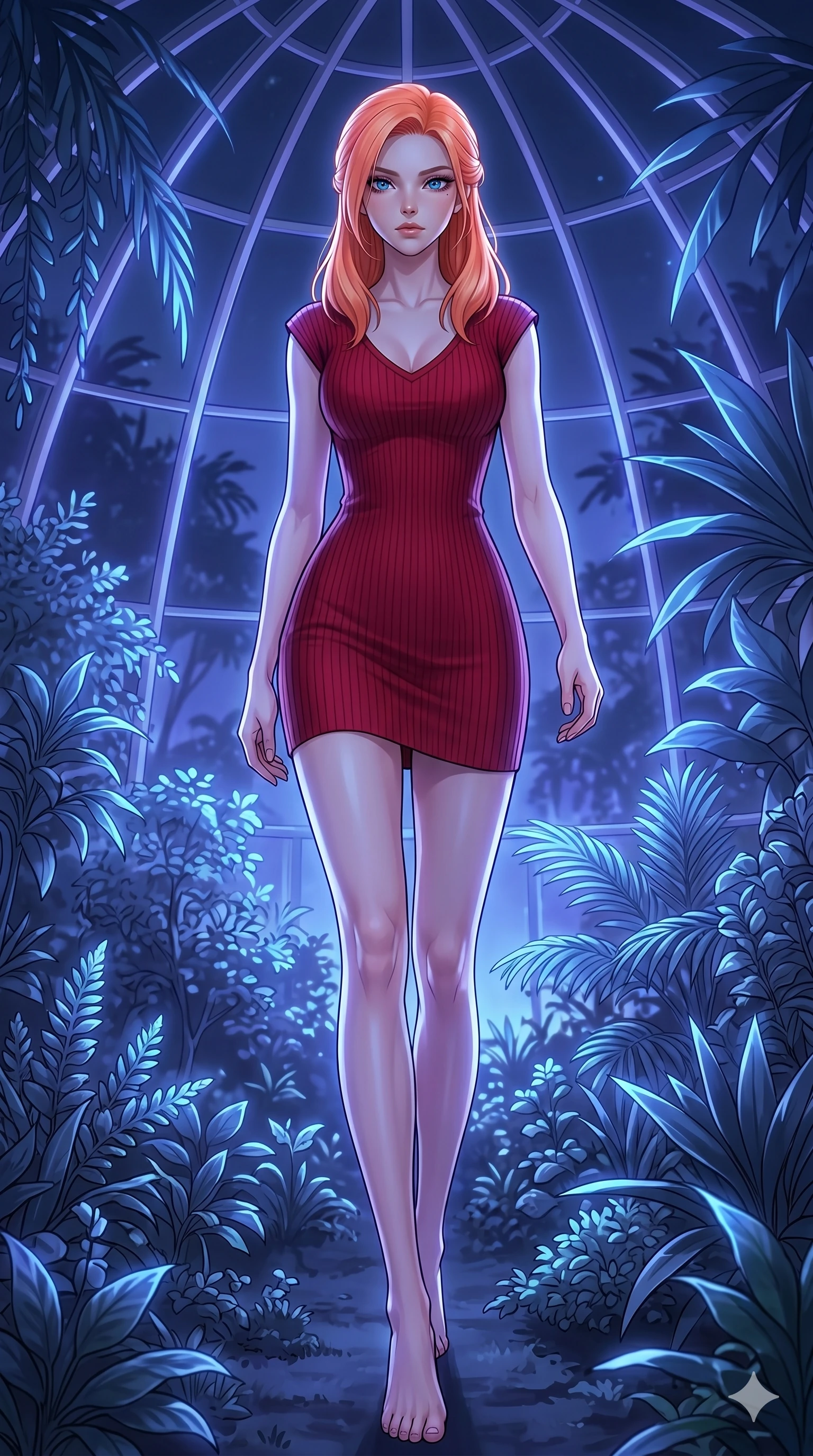 score_9, masterpiece, best quality, ultra-detailed, high-budget anime keyframe, editorial fashion photography, tasteful artistic composition, Japanese woman. low angle full-body shot from head to toe showing her feet, filling the entire 9:16 vertical frame with her statuesque presence, stretching her vertical silhouette. Striding confidently forward with elongated powerful stride within a prismatic rain-forest dome where bioluminescent plants pulse softly in the dark. She has an absolutely perfect 8-heads proportion, an exceptionally tall and slender female figure with impossibly long slender legs and an ultra-slim waist. V-shaped jawline, high-bridge nose, intricate jewel-like eyes with depth, thick eyelashes, glossy lips with a natural sheen. wearing a ribbed knit form-contouring mini dress in deep carmine red with a V-neckline, cap sleeves, and a perfectly body-sculpting fit that highlights every elegant curve of her slender silhouette. bathed in cool ethereal blue-violet bioluminescent glow that highlights her form from all sides. 2k, ultra detail, master piece, 9:16 ratio