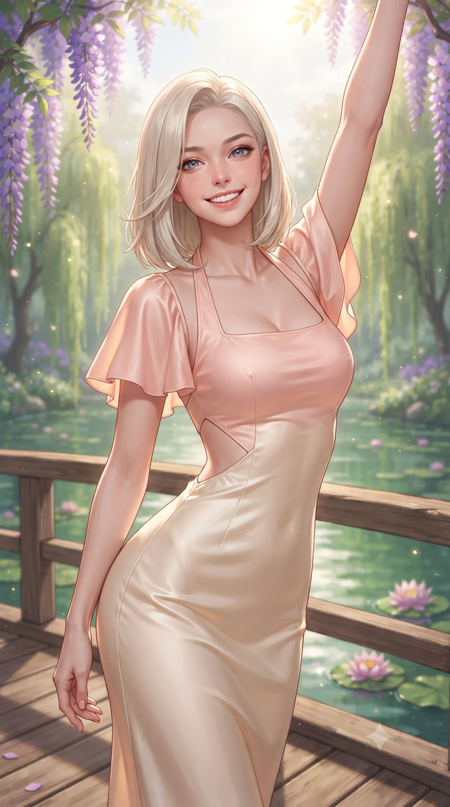 score_9, masterpiece, best quality, ultra-detailed, high-budget anime keyframe, editorial fashion photography, tasteful artistic composition, Caucasian woman. close-up cowboy shot from the waist and thighs up, the character dominates the composition, filling the frame with her large presence. playfully stretching one arm overhead toward the sun, her radiant smile capturing fresh girlhood charm while her arched torso reveals an intoxicating hip contour while standing poised on the wooden bridge deck, twisting her slender torso in an alluring S-curve as weeping willows dip gently into reflective green waters. The composition keeps background elements in soft focus with dreamy creamy bokeh. blooming purple wisteria clusters, weeping willows, and floating pink water lilies blurred into emerald, violet, and shimmering gold bokeh. She has an exceptionally elegant, slender, and willowy female figure with an ultra-slim waist, flat toned midriff, narrow ribcage, and sculpted feminine hips creating an alluring, slim hourglass silhouette without bulk. sharp v-shaped jawline, high-bridge nose, intricate jewel-like sparkling eyes with depth, thick eyelashes, glossy parted lips with a natural peach sheen, bright cheerful beaming smile with an enchanting and coquettish sensual glint, exuding both youthful cute charm and seductive allure, flawlessly proportioned anatomical accuracy, strict slender model proportions, natural body alignment, perfectly sculpted long slender limbs, ultra-slim waistline, clean dynamic posture without body distortion. wearing a backless pastel halter sundress with side-waist diamond cutouts and an ultra-fitted hip-hugging silhouette in pastel peach blossom pink and warm champagne ivory, made of smooth fluid silk satin with a delicate pearlescent sheen, featuring elegant flutter sleeves and a graceful square neckline, the high-waisted tailoring accentuating her ultra-slim waistline and the enchanting curve of her feminine hips with alluring charm. illuminated by calm pond surface specular reflections sharply defining her razor-sharp jawline, narrow waist, and curvy hips. ultra-reflective glossy finish, specular highlights, rich textural contrasts, high-contrast stereoscopic depth, volumetric dynamic lighting, 2k, ultra detail, master piece, 9:16 ratio