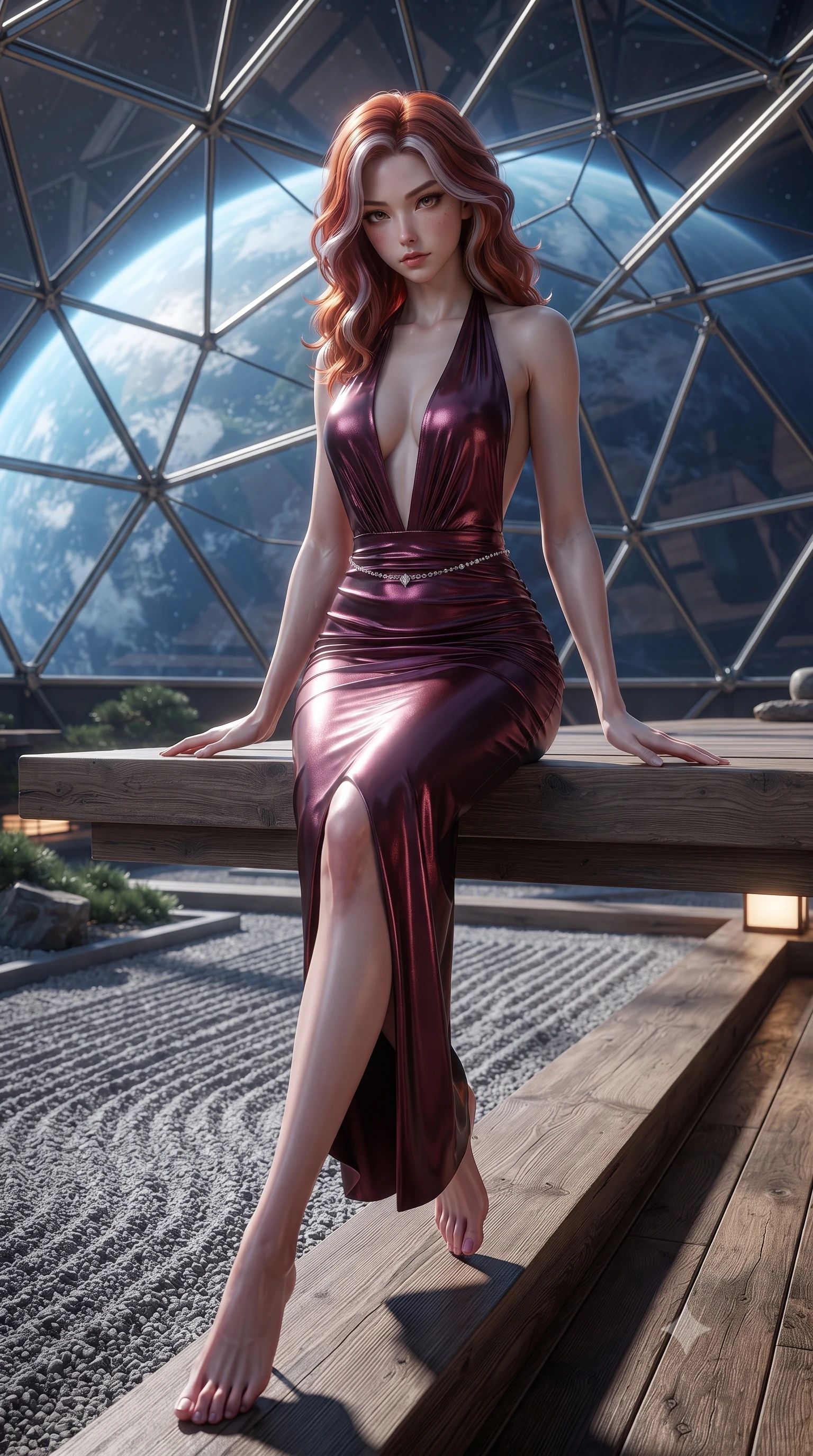 score_9, masterpiece, best quality, ultra-detailed, high-budget anime keyframe, editorial fashion photography, tasteful artistic composition, Caucasian woman. low angle full-body shot from head to toe showing her feet, filling the entire 9:16 vertical frame with her statuesque presence, stretching her vertical silhouette. sitting perched on the elevated edge with hips angled toward the camera and legs crossed, displaying her toned midriff and flawlessly sculpted slender limbs while striding slowly around the orbital sanctuary perimeter, her fluid silk robes clinging to her narrow waist and long slender legs. The surrounding environment is rendered in vivid detail and crisp panoramic clarity. sharp raked zen gravel ridges, weathered cedarwood grain, and geodesic glass dome strut clarity in deep focus. She has an exceptionally tall and slender model-like 8.5-heads proportion, an ultra-slim waist, a flat toned midriff, narrow delicate ribcage, and beautifully sculpted feminine hips creating a graceful, slim hourglass silhouette without any bulky heaviness, with impossibly long slender legs. sharp v-shaped jawline, high-bridge nose, intricate jewel-like eyes with depth, thick eyelashes, glossy parted lips with a natural sheen, intensely captivating and seductive bedroom-eyes expression, flawlessly proportioned anatomical accuracy, strict slender model proportions, natural body alignment, perfectly sculpted long slender limbs, ultra-slim waistline, clean dynamic posture without body distortion. wearing a plunging halter-neck metallic lamé column dress with a dramatic bare spine and hip-defining ruching in deep wine burgundy and brushed dark platinum, tailored from second-skin aerodynamic stretch vinyl with specular wet sheen, accented with a dainty diamond waist chain catching the ambient light reflections, the dramatically scooped open back descending to the base of her spine, accentuating her razor-sharp statuesque lines and slim hourglass silhouette. bathed in pure, soft sapphire earth-shine from the massive planet below and warm hidden floor lantern glow. ultra-reflective glossy finish, specular highlights, rich textural contrasts, high-contrast stereoscopic depth, volumetric dynamic lighting, 2k, ultra detail, master piece, 9:16 ratio