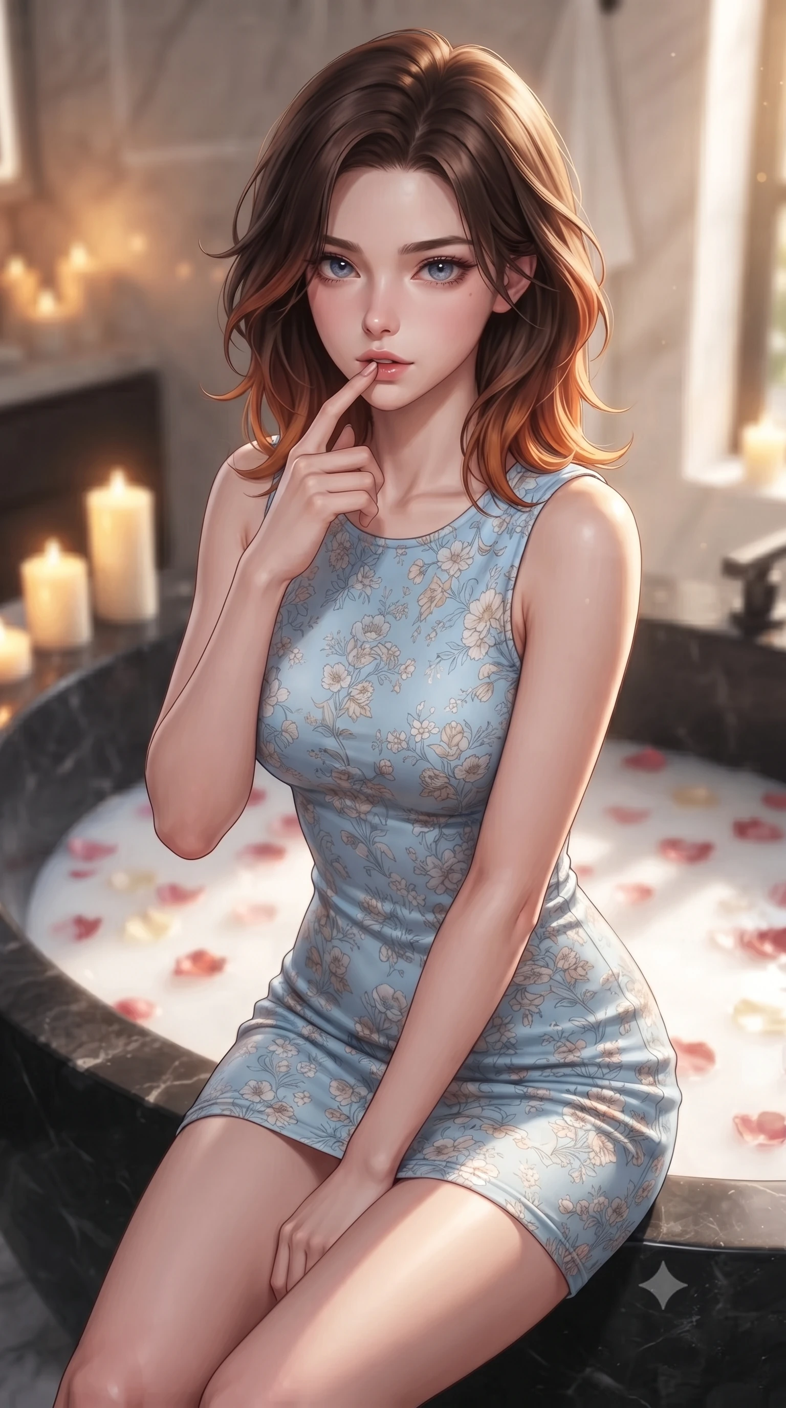 score_9, masterpiece, best quality, ultra-detailed, high-budget anime keyframe, editorial fashion photography, tasteful artistic composition, Korean woman woman. close-up cowboy shot from the waist and thighs up, the character dominates the composition, filling the frame with her large presence, background elements kept in soft focus. pressing one finger to her bottom lip in a thoughtful, seductive gesture under the warm sun the background shows a soft-focus a private bathroom with a large black stone bathtub filled with milk and rose petals. She has an exceptionally elegant, slender, and willowy female figure with an ultra-slim waist, a gracefully sculpted slender torso, and a refined silhouette. sharp v-shaped jawline, high-bridge nose, intricate jewel-like eyes with depth, thick eyelashes, glossy lips with a natural sheen. wearing a form-contouring floral print summer dress in baby blue with a simple round neck. soft candle stands casting a warm golden glow onto the water surface. ultra-reflective glossy finish, specular highlights, metallic sheen, high-contrast stereoscopic depth, volumetric dynamic lighting, 2k, ultra detail, master piece, 9:16 ratio