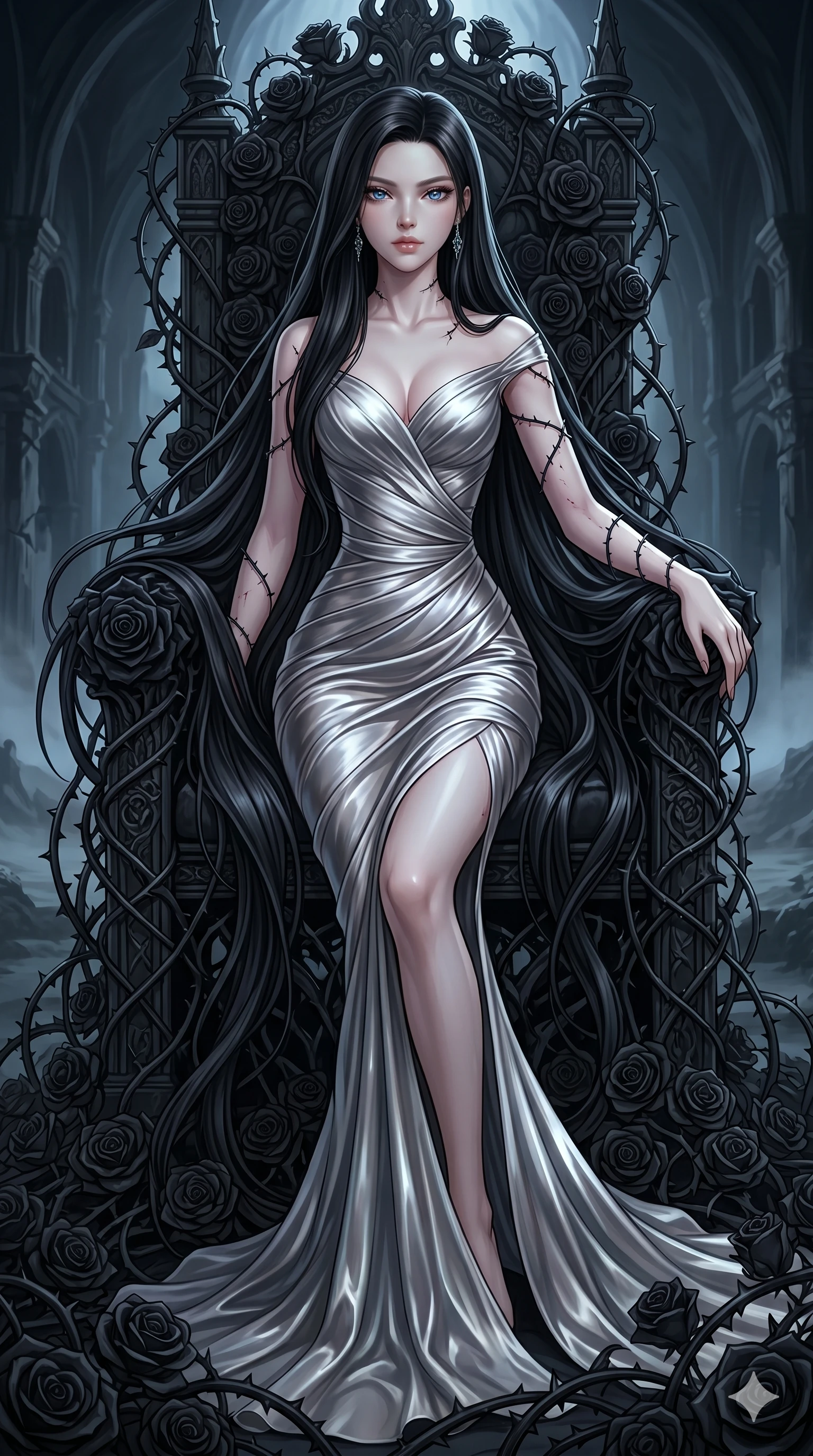 score_9, masterpiece, best quality, ultra-detailed, High-budget Anime Keyframe, East Asian woman. Dynamic full-body shot stretching the vertical silhouette to the limit. Scenario 160: Resting on a throne of black roses, thorns grazing her skin. Her presence is magnetic and overpowering in this high-budget anime scene. Outfit 160: A molten liquid silk decorative silk bands with a sculpted V-neckline and tight-fitting silhouette. The clothing is designed to emphasize her exceptionally tall and slender 8-heads proportion. 8-heads proportion, towering silhouette, ultra-slim waist. sharp v-shaped jawline, intricate jewel-like eyes with depth, thick eyelashes, glossy lips. 2k, ultra detail, master piece, 9:16 ratio