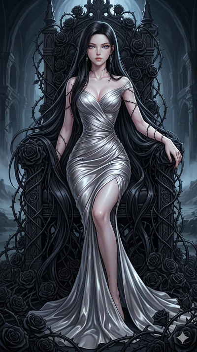 score_9, masterpiece, best quality, ultra-detailed, High-budget Anime Keyframe, East Asian woman. Dynamic full-body shot stretching the vertical silhouette to the limit. Scenario 160: Resting on a throne of black roses, thorns grazing her skin. Her p