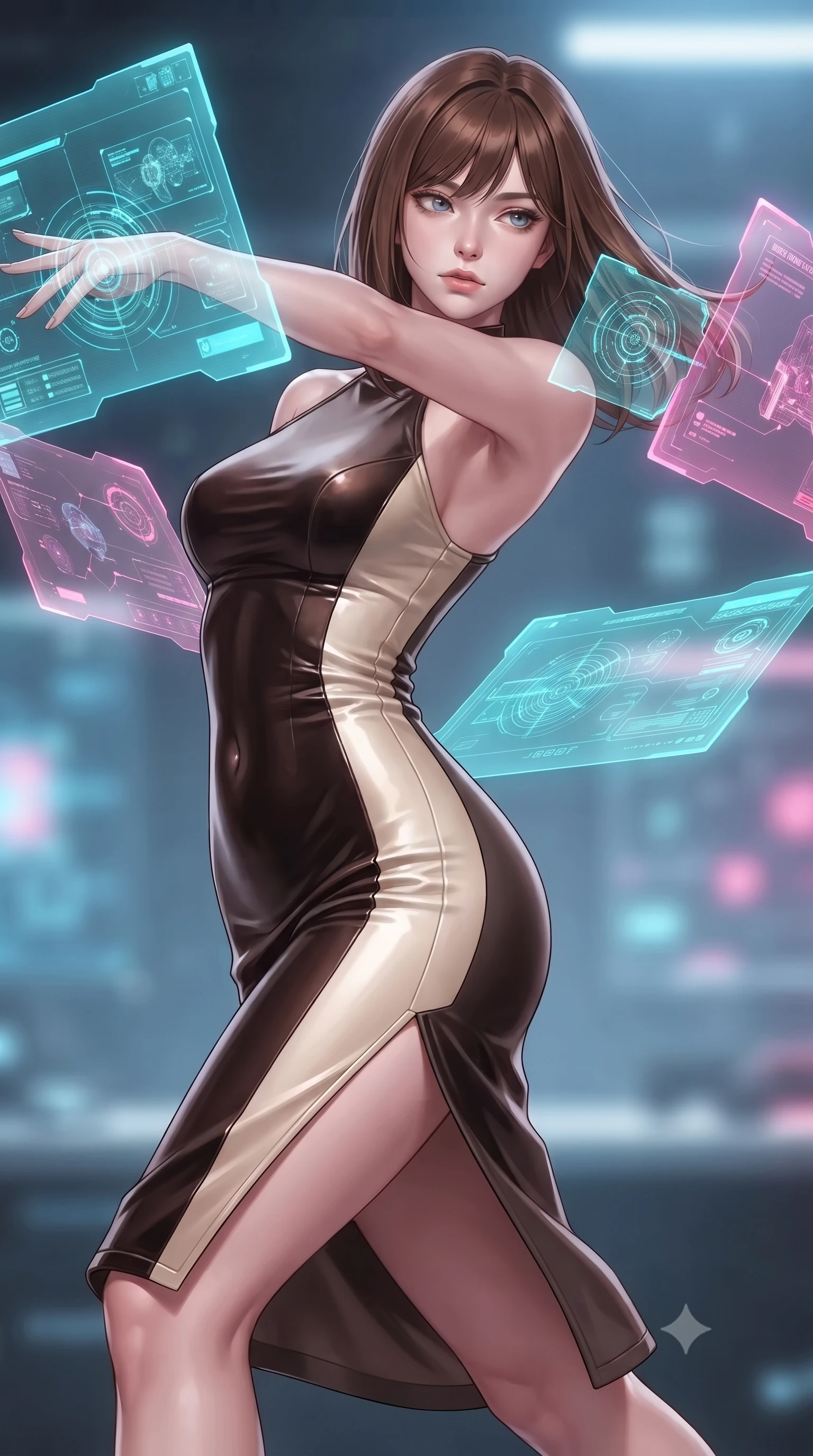score_9, masterpiece, best quality, ultra-detailed, high-budget anime keyframe, editorial fashion photography, tasteful artistic composition, Korean woman. close-up cowboy shot from the waist and thighs up, the character dominates the composition, filling the frame with her large presence, background elements kept in soft focus. Gazing past the lens with composed intensity as her torso curves dynamically in mid-motion while reaching forward with an elegant arm stretch to intercept a pulsating data node, translucent cyan and magenta holographic panels hovering dynamically around her. She has an exceptionally elegant, slender, and willowy female figure with an ultra-slim waist, a gracefully sculpted slender torso, and a refined silhouette. sharp v-shaped jawline, high-bridge nose, intricate jewel-like eyes with depth, thick eyelashes, glossy lips with a natural sheen, flawlessly proportioned anatomical accuracy, natural body alignment, perfectly sculpted elegant limbs, clean dynamic posture without body distortion. wearing a velvet halter-neck midi dress following her form like a glove in espresso brown and warm cream, formed from sleek second-skin neoprene, finished with a sleek side slit ascending to mid-thigh, the glove-like fit emphasizing her statuesque silhouette during motion. surrounded by a crisp high-tech illumination with high specular contrast. ultra-reflective glossy finish, specular highlights, metallic sheen, high-contrast stereoscopic depth, volumetric dynamic lighting, 2k, ultra detail, master piece, 9:16 ratio