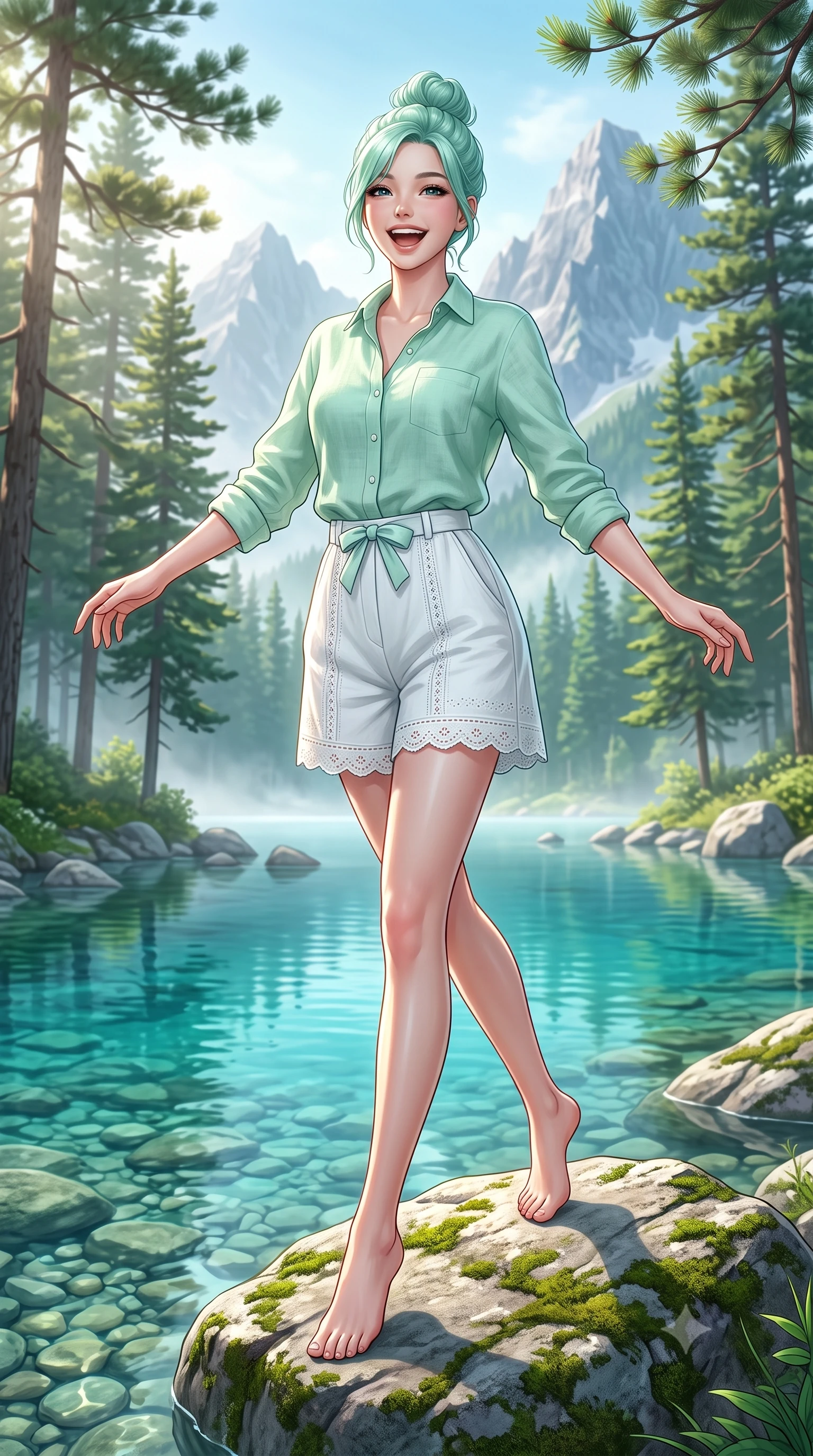 score_9, masterpiece, best quality, ultra-detailed, high-budget anime keyframe, semi-realistic 3D game render, editorial fashion photography, tasteful artistic composition, Japanese woman. low angle full-body shot from head to toe showing her feet, filling the entire 9:16 vertical frame with her statuesque presence, stretching her vertical silhouette. stepping forward gracefully in mid-motion with a delighted cute laugh, displaying her tall slender model proportions while standing poised on a mossy lakeside boulder with open arms, taking a deep breath of fresh pine-scented mountain air. The surrounding environment is rendered in vivid detail and crisp panoramic clarity. crystal-clear turquoise water revealing smooth underwater pebbles, towering pine needles, and distant peaks in high clarity. She has an absolutely perfect, statuesque 8.5-heads proportion, an exceptionally tall and slender model-like female figure with impossibly long slender legs, a toned flat midriff, and an ultra-slim waist. sharp v-shaped jawline, high-bridge nose, intricate jewel-like eyes with depth, thick eyelashes, glossy lips with a natural sheen, pure and lovely fresh girlhood expression, flawlessly proportioned anatomical accuracy, strict slender model proportions, natural body alignment, perfectly sculpted long slender limbs, ultra-slim waistline, clean dynamic posture without body distortion. wearing a lightweight pastel linen button-down shirt paired with tailored high-rise white Bermuda shorts in refreshing mint green and crisp sea-salt white, woven with delicate eyelet lace and breathable cotton voile, accented with a dainty ribbon bow at the waistline, the tailored casual silhouette highlighting her fresh and youthful presence and perfectly proportioned slender frame. illuminated by soft morning mist backlighting and emerald water ambient bounce. highly saturated vibrant anime colors, detailed shading with soft gradients, rich glossy textures, high-contrast stereoscopic depth, volumetric dynamic lighting, master piece, 9:16 ratio