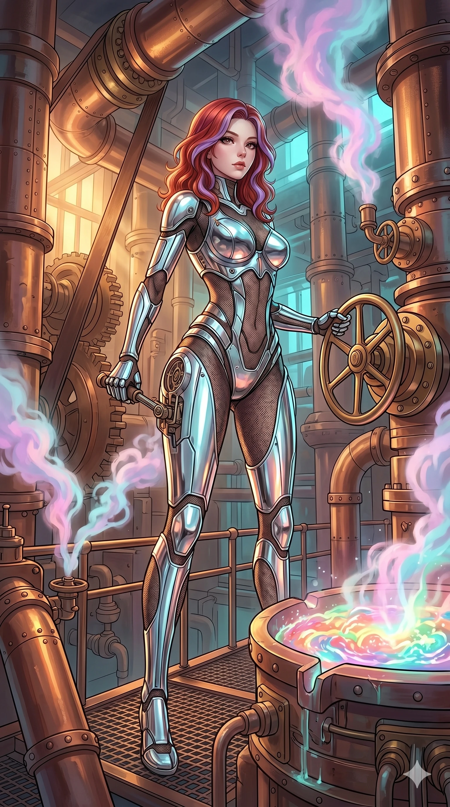 score_9, masterpiece, best quality, ultra-detailed, high-budget anime keyframe, Japanese woman. low angle full-body shot filling the entire 9:16 frame with her statuesque presence, stretching the vertical silhouette. operating a steampunk aurora foundry surrounded by massive copper pipes and leather belts, where pastel aurora gas billows from valves and liquid rainbow energy boils in a crucible. She has an absolutely perfect 8-heads proportion, an exceptionally tall and slender female figure with impossibly long slender legs and an ultra-slim waist. V-shaped jawline, high-bridge nose, intricate jewel-like eyes with depth, thick eyelashes, glossy lips with a natural sheen.. wearing a bionic chrome plate bodysuit, featuring silver chrome plates covering the bust and hips, connected by sheer black mesh panels. showcasing a beautiful play of light and shadow, with warm golden rays clashing against cool cyan highlights. 2k, ultra detail, master piece, 9:16 ratio