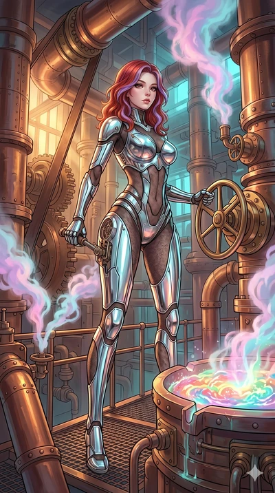 score_9, masterpiece, best quality, ultra-detailed, high-budget anime keyframe, Japanese woman. low angle full-body shot filling the entire 9:16 frame with her statuesque presence, stretching the vertical silhouette. operating a steampunk aurora foun