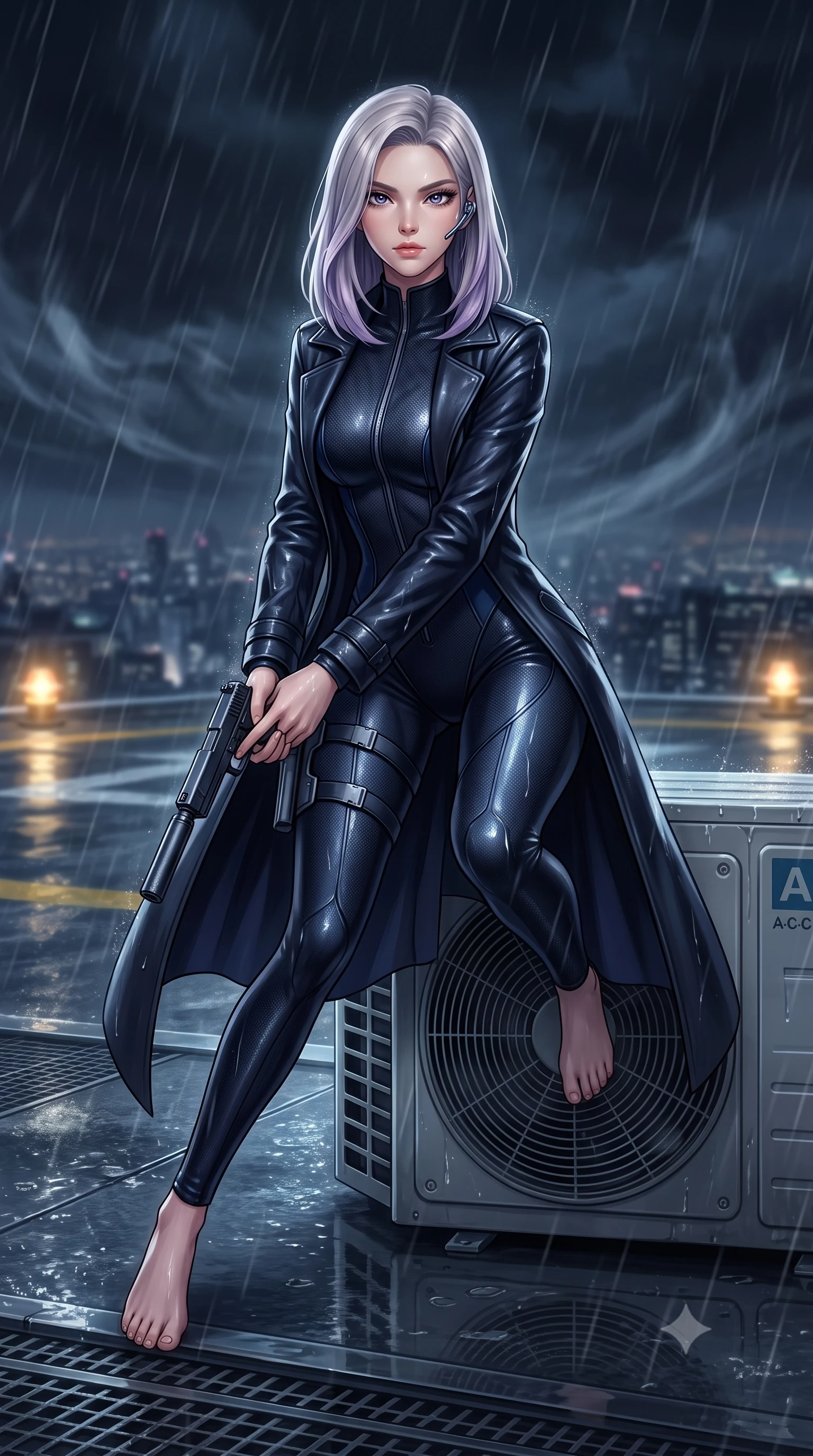score_9, masterpiece, best quality, ultra-detailed, high-budget anime keyframe, semi-realistic 3D game render, editorial fashion photography, tasteful artistic composition, Caucasian woman. low angle full-body shot from head to toe showing her feet, filling the entire 9:16 vertical frame with her statuesque presence, stretching her vertical silhouette. landing lightly on the balls of her feet in a balanced kinetic stance, eyes locked onto the camera with fearless allure while drawing her sleek silenced sidearm in a fluid tactical draw while crouching behind an air-conditioning turbine unit. The composition keeps background elements in soft focus with creamy bokeh. helipad perimeter warning beacons and swirling storm rain sheets softened in cinematic shallow focus. She has an absolutely perfect, statuesque 8.5-heads proportion, an exceptionally tall and slender model-like female figure with impossibly long slender legs, a toned flat midriff, and an ultra-slim waist. sharp v-shaped jawline, high-bridge nose, intricate jewel-like eyes with depth, thick eyelashes, glossy lips with a natural sheen, captivating and magnetic expression, flawlessly proportioned anatomical accuracy, strict slender model proportions, natural body alignment, perfectly sculpted long slender limbs, ultra-slim waistline, clean dynamic posture without body distortion. wearing a sleek second-skin dark carbon-weave infiltration catsuit paired with a tailored long leather trench coat in stealth obsidian black and midnight navy, crafted from flexible ballistic matte leather and ultra-sleek stretch neoprene, equipped with a minimalist titanium leg holster and smart holographic earpiece edition #33, the sleek tailored cut tightly hugging her graceful clavicle, narrow waist, and feminine curves with statuesque precision. illuminated by wet specular highlights tracing her sculpted flat midriff, waistline, and long legs. highly saturated vibrant anime colors, detailed shading with soft gradients, rich glossy textures, high-contrast stereoscopic depth, volumetric dynamic lighting, master piece, 9:16 ratio