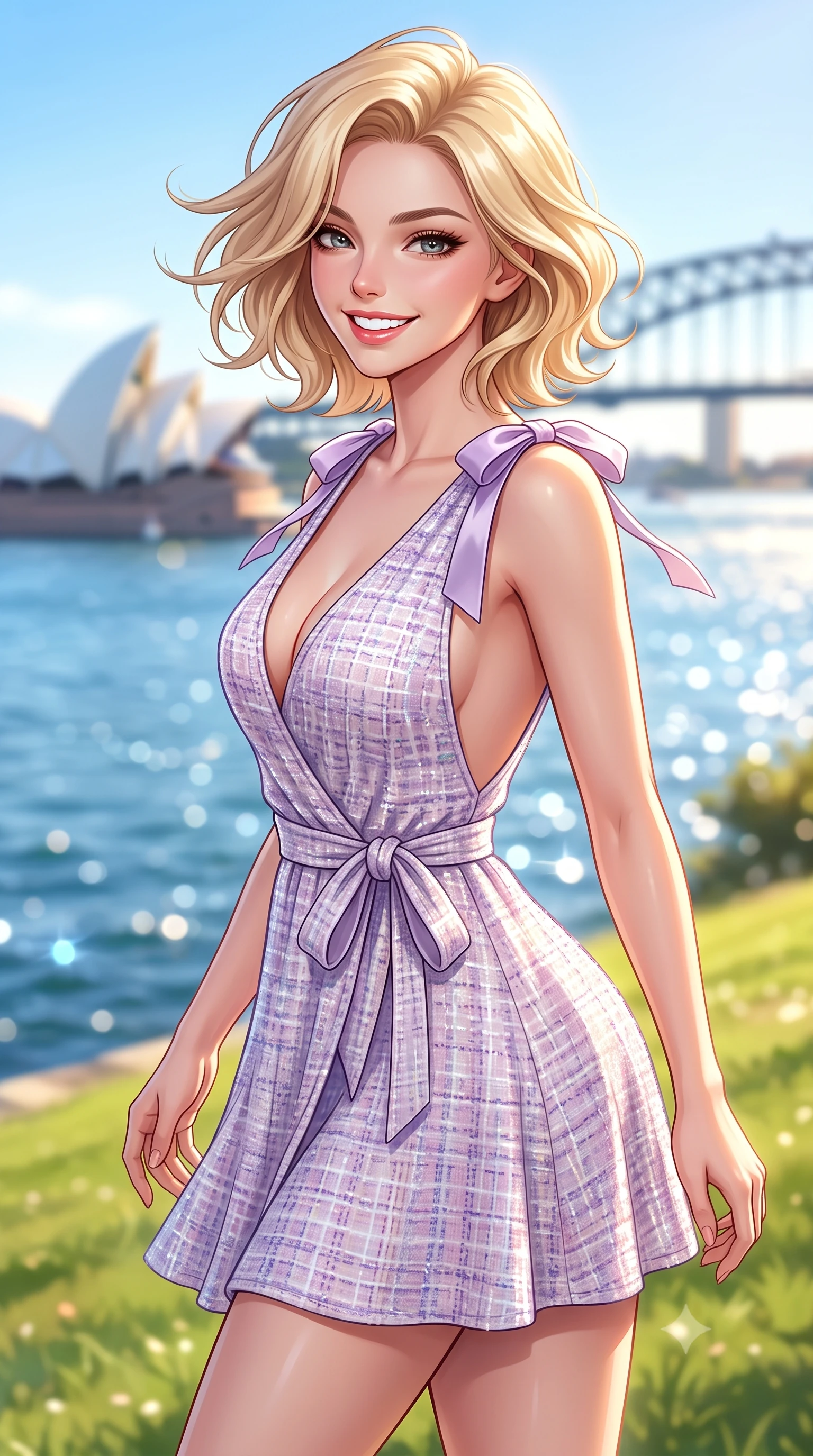 score_9, masterpiece, best quality, ultra-detailed, high-budget anime keyframe, semi-realistic 3D game render, editorial fashion photography, tasteful artistic composition, Caucasian woman. close-up cowboy shot from the waist and thighs up, the character dominates the composition, filling the frame with her large presence. turning playfully with a bright confident smile, her glossy hair tossing in the breeze as her hips angle gracefully in a captivating contrapposto while standing on the sloping green lawn directly overlooking the sparkling blue harbour, arching her back with an infectious, sun-kissed smile. The composition keeps background elements in soft focus with dreamy creamy bokeh. glistening blue harbour waters, white sails of the Sydney Opera House, and Harbour Bridge blurred into sapphire, pearl-white, and gold bokeh. She has an exceptionally elegant, slender, and willowy female figure with an ultra-slim waist, flat toned midriff, narrow ribcage, and sculpted feminine hips creating an alluring, slim hourglass silhouette without bulk. sharp v-shaped jawline, high-bridge nose, intricate jewel-like sparkling eyes with depth, thick eyelashes, glossy parted lips with a natural peach sheen, bright cheerful beaming smile with an enchanting and coquettish sensual glint, exuding both youthful cute charm and seductive allure, flawlessly proportioned anatomical accuracy, strict slender model proportions, natural body alignment, perfectly sculpted long slender limbs, ultra-slim waistline, clean dynamic posture without body distortion. wearing a breezy wrap mini dress with a deep V-neckline and tie-waist accentuating her sculpted flat midriff and hips in delicate lavender violet and pearlescent white, tailored from soft pastel tweed with subtle metallic shimmer, finished with cute satin bow ribbons tying at the shoulders, the precision-cut side openings and low-back scoop framing her graceful spine and the sensual sweep of her slim, toned hips. illuminated by intense specular sea reflections sharply carving her razor-sharp jawline, narrow waist, and curvy hips. highly saturated vibrant anime colors, detailed shading with soft gradients, rich glossy textures, high-contrast stereoscopic depth, volumetric dynamic lighting, master piece, 9:16 ratio