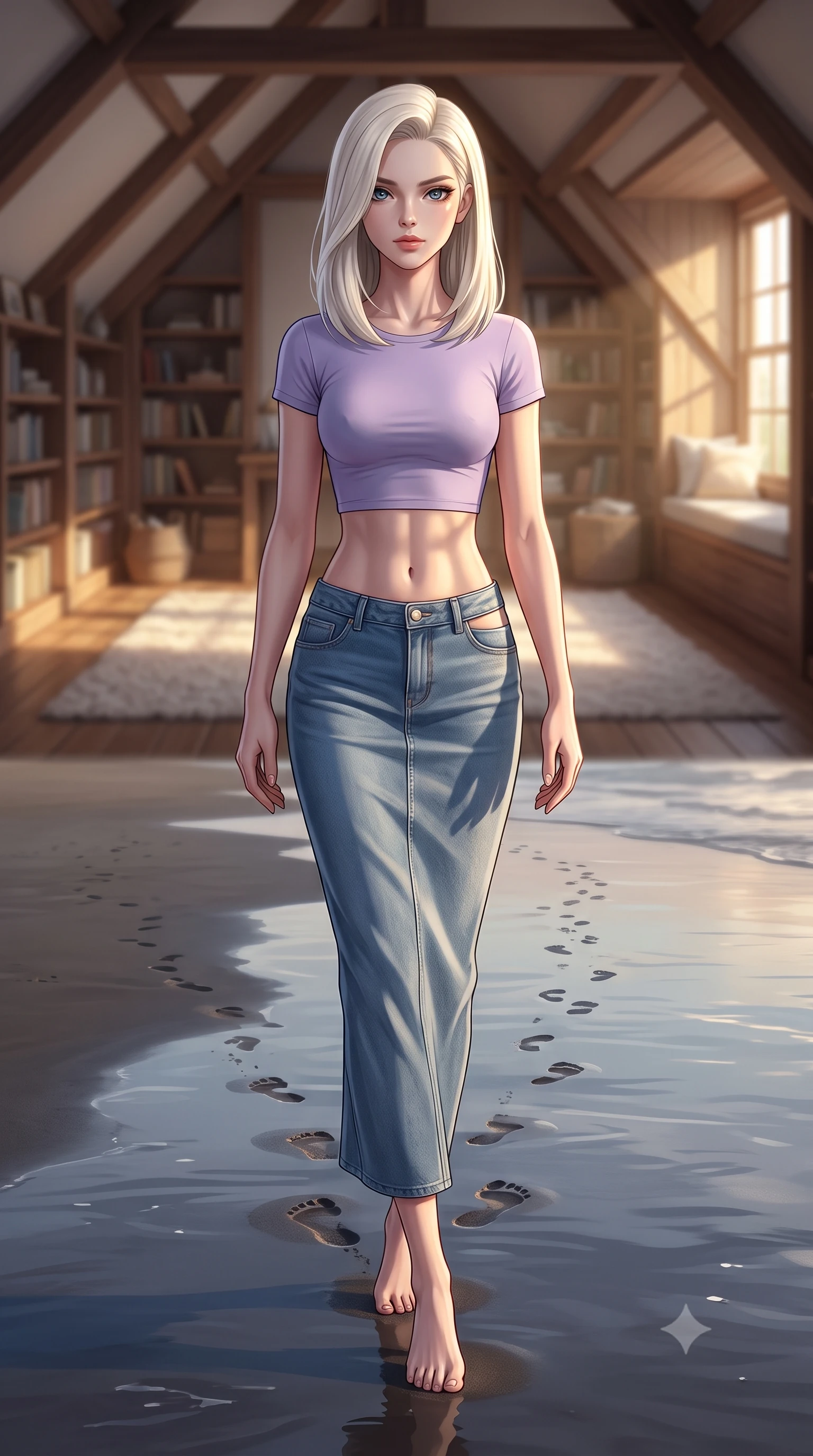 score_9, masterpiece, best quality, ultra-detailed, high-budget anime keyframe, editorial fashion photography, tasteful artistic composition, Caucasian woman woman. low angle full-body shot from head to toe showing her feet, filling the entire 9:16 vertical frame with her statuesque presence, stretching her vertical silhouette. walking slowly along the shoreline, leaving footprints in the wet sand the background shows a soft-focus a quiet attic room with bookshelves lining the walls, a soft rug, and a window seat. She has an absolutely perfect, statuesque 8.5-heads proportion, an exceptionally tall and slender model-like female figure with impossibly long slender legs and an ultra-slim waist. sharp v-shaped jawline, high-bridge nose, intricate jewel-like eyes with depth, thick eyelashes, glossy lips with a natural sheen. wearing a form-contouring modern crop top in lavender cotton paired with a low-rise denim skirt and a subtle waist cut-out. soft golden afternoon light filtering through the window, casting long shadow patterns. 2k, ultra detail, master piece, 9:16 ratio