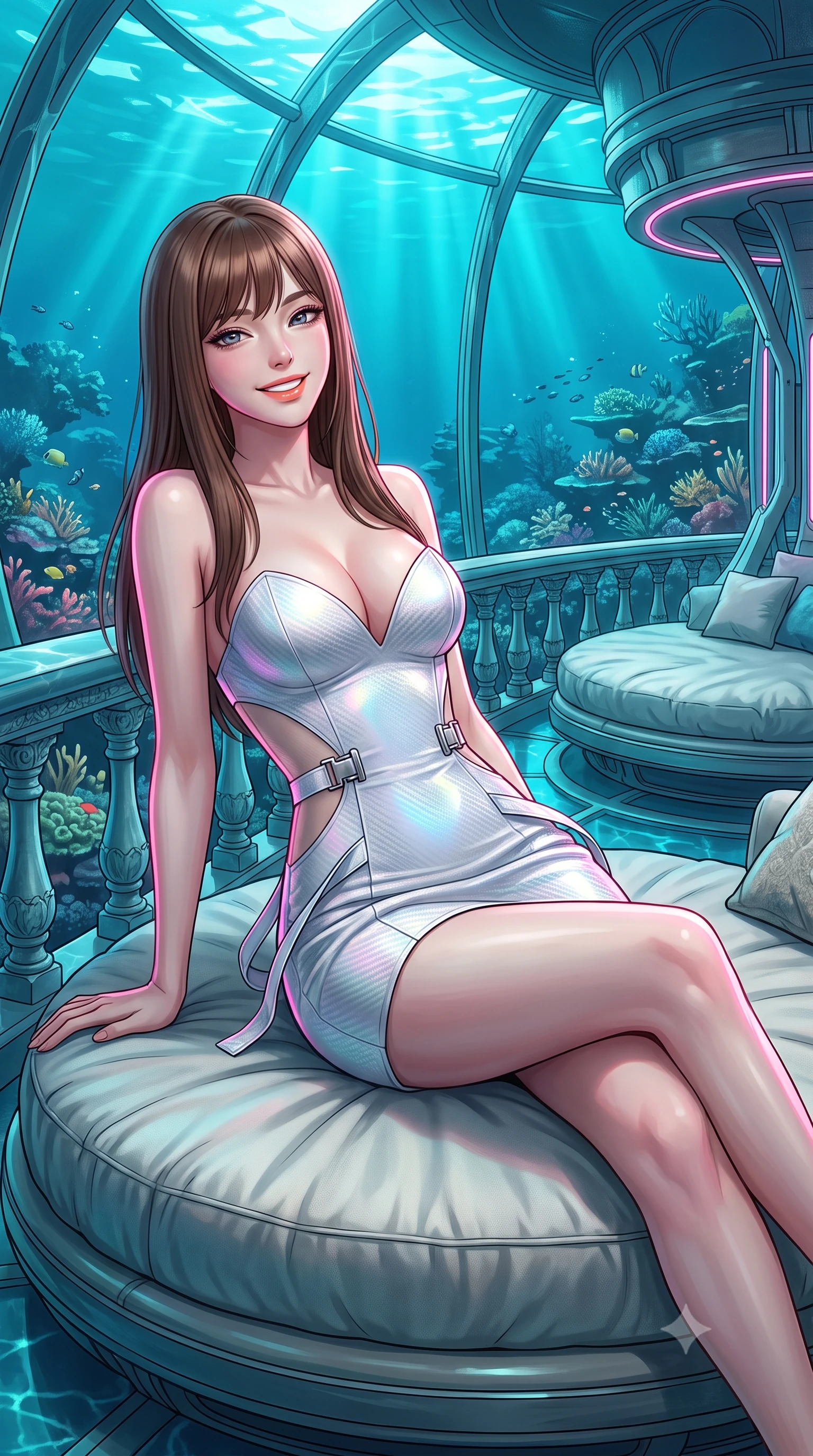 score_9, masterpiece, best quality, ultra-detailed, high-budget anime keyframe, editorial fashion photography, tasteful artistic composition, Korean woman. close-up cowboy shot from the waist and thighs up, the character dominates the composition, filling the frame with her large presence. leaning back against the balustrade with relaxed seductive grace, head tilted back slightly while casting a hypnotic, heavy-lidded gaze while lounging gracefully across the circular daybed propped on one elbow with legs extended, displaying her long slender limbs and statuesque hourglass silhouette against the reef. The surrounding environment is rendered in vivid detail and crisp panoramic clarity: detailed outfit textures, second-skin fit, and world-class underwater pavilion design in high resolution. She has an exceptionally elegant, slender, and willowy female figure with an ultra-slim waist, flat toned midriff, narrow ribcage, and sculpted feminine hips creating an alluring, slim hourglass silhouette without bulk. sharp v-shaped jawline, high-bridge nose, intricate jewel-like sparkling eyes with depth, thick eyelashes, glossy parted lips with a natural peach sheen, bright cheerful beaming smile with an enchanting and coquettish sensual glint, exuding both youthful cute charm and seductive allure, flawlessly proportioned anatomical accuracy, strict slender model proportions, natural body alignment, perfectly sculpted long slender limbs, ultra-slim waistline, clean dynamic posture without body distortion. wearing an alluring plunging sweetheart bodice dress with sheer mesh side-waist cutouts contouring her ribs in holographic prismatic pearl and titanium white, woven from structured carbon-fiber jacquard with rich textural depth, finished with sleek magnetic buckle closures fluttering in the breeze, the bespoke structured tailoring following the natural line of her 8.5-heads silhouette with refined elegance. illuminated by turquoise water reflection bounce and sharp neon-pink rim lights defining her jawline, narrow waist, and curvy hips. ultra-reflective glossy finish, specular highlights, rich textural contrasts, high-contrast stereoscopic depth, volumetric dynamic lighting, 2k, ultra detail, master piece, 9:16 ratio