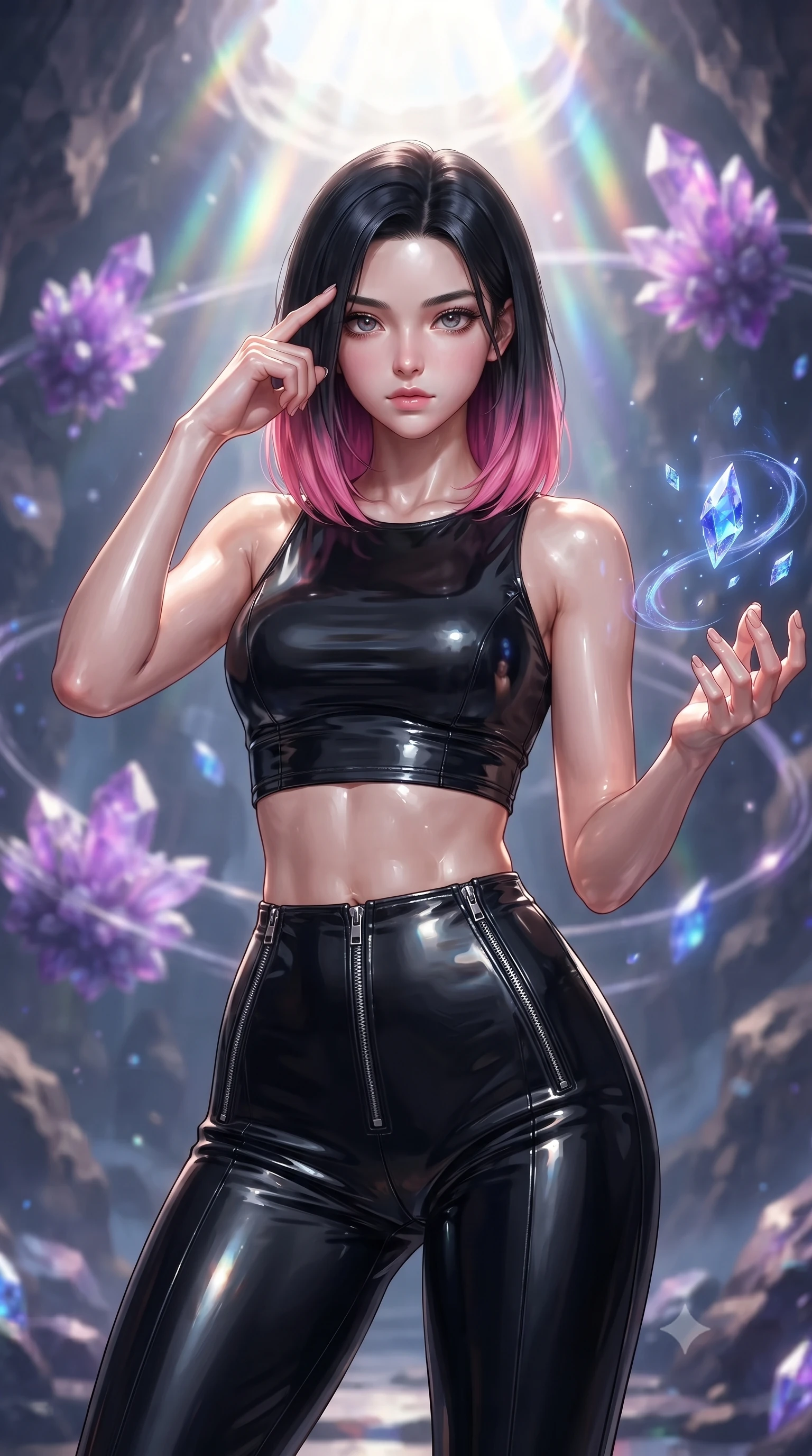 score_9, masterpiece, best quality, ultra-detailed, high-budget anime keyframe, editorial fashion photography, tasteful artistic composition, Korean woman. close-up cowboy shot from the waist and thighs up, the character dominates the composition, filling the frame with her large presence, background elements kept in soft focus. Pressing two fingers to her temple in a composed thoughtful gesture with an air of magnetic charisma guiding floating sapphire light crystals inside a deep mineral sanctuary, floating amethyst clusters drifting in smooth circular orbits. She has an exceptionally elegant, slender, and willowy female figure with an ultra-slim waist, a gracefully sculpted slender torso, and a refined silhouette. sharp v-shaped jawline, high-bridge nose, intricate jewel-like eyes with depth, thick eyelashes, glossy lips with a natural sheen. wearing a glossy vinyl crop top and high-waist tailored leggings with sleek metallic zippers, the tailored fabric tightly following every curve of her athletic build. bathed in brilliant prismatic light filtering from a natural cavern skylight. ultra-reflective glossy finish, specular highlights, metallic sheen, high-contrast stereoscopic depth, volumetric dynamic lighting, 2k, ultra detail, master piece, 9:16 ratio