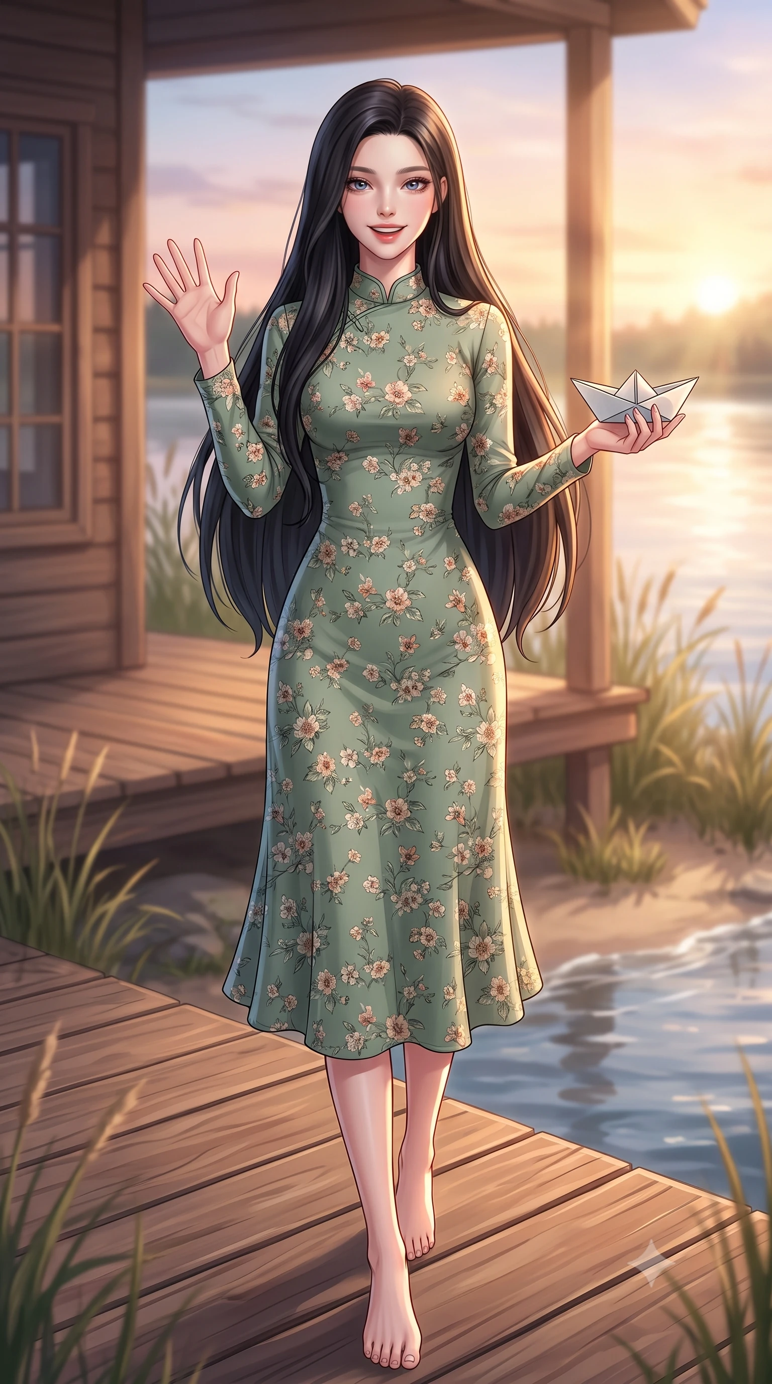 score_9, masterpiece, best quality, ultra-detailed, high-budget anime keyframe, editorial fashion photography, tasteful artistic composition, Korean woman. low angle full-body shot from head to toe showing her feet, filling the entire 9:16 vertical frame with her statuesque presence, stretching her vertical silhouette. stepping forward with a bright, cheerful smile, waving happily at the viewer set against a soft-focus background of on a wooden deck of a lakeside cottage surrounded by beachgrass holding a small paper boat with a delighted smile, ready to float it. She has an absolutely perfect, statuesque 8.5-heads proportion, an exceptionally tall and slender model-like female figure with impossibly long slender legs and an ultra-slim waist. sharp v-shaped jawline, high-bridge nose, intricate jewel-like eyes with depth, thick eyelashes, glossy lips with a natural sheen. wearing slim-fit lovely floral print midi dress in sage green, featuring a high collar and long sleeves. volumetric sunset rays casting long warm highlights on her active form. highly saturated vibrant anime colors, detailed shading with soft gradients, rich glossy textures, high-contrast stereoscopic depth, volumetric dynamic lighting, master piece, 9:16 ratio