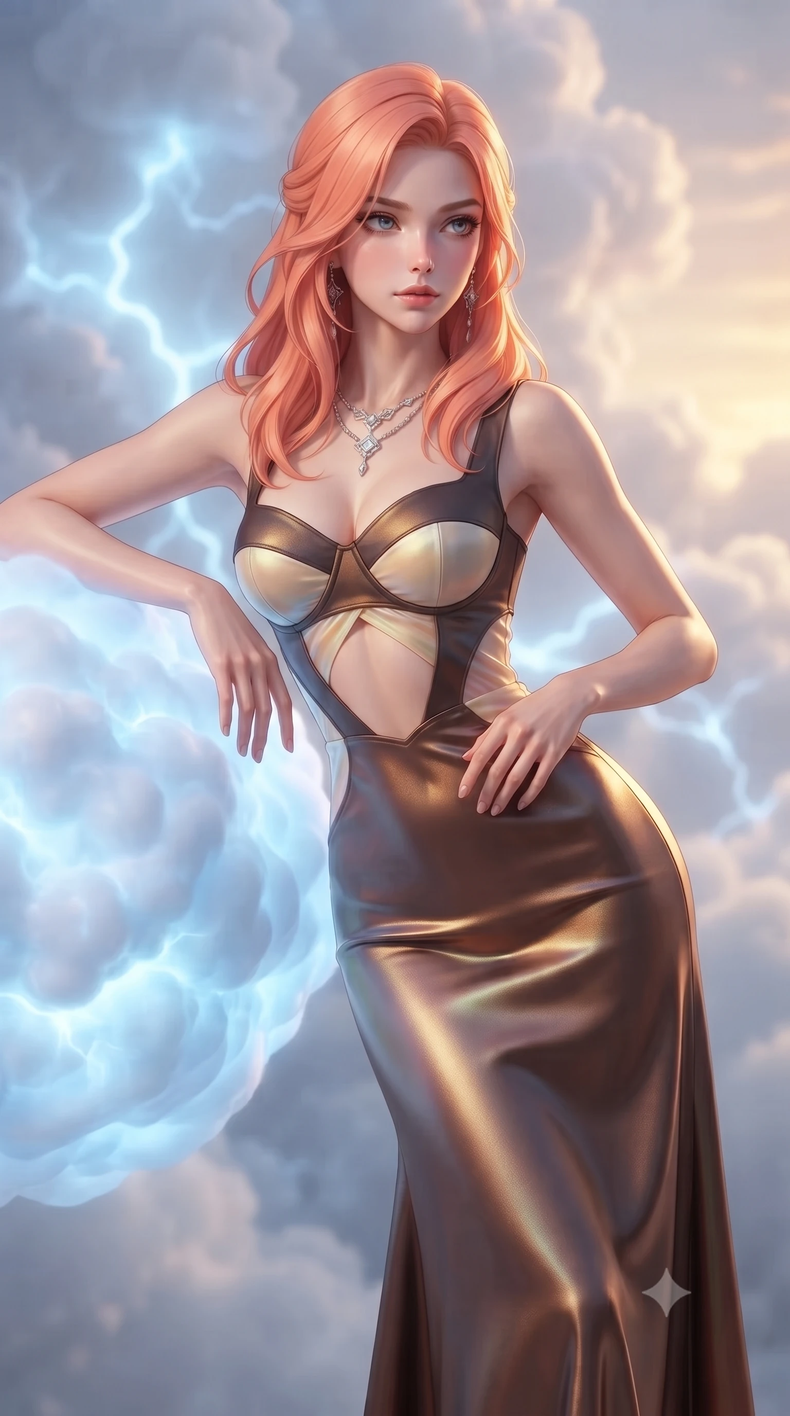score_9, masterpiece, best quality, ultra-detailed, high-budget anime keyframe, editorial fashion photography, tasteful artistic composition, Japanese woman. close-up cowboy shot from the waist and thighs up, the character dominates the composition, filling the frame with her large presence, background elements kept in soft focus. Gazing past the camera with an air of effortless elegance and mysterious confidence resting near a glowing cloud sphere emitting soft electric blue pulses, volumetric cumulus cloud textures illuminated from within by electric light. She has an exceptionally elegant, slender, and willowy female figure with an ultra-slim waist, a gracefully sculpted slender torso, and a refined silhouette. sharp v-shaped jawline, high-bridge nose, intricate jewel-like eyes with depth, thick eyelashes, glossy lips with a natural sheen. wearing a modern fusion silk hanbok dress with a structured bodice in espresso brown and warm cream, crafted from iridescent chiffon that shifts colors in the light, featuring subtle geometric cutouts that highlight her ultra-slim midriff, the form-contouring material highlighting her ultra-slim waist and long lines. illuminated by soft internal cloud lightning and golden sunset backlighting. ultra-reflective glossy finish, specular highlights, metallic sheen, high-contrast stereoscopic depth, volumetric dynamic lighting, 2k, ultra detail, master piece, 9:16 ratio