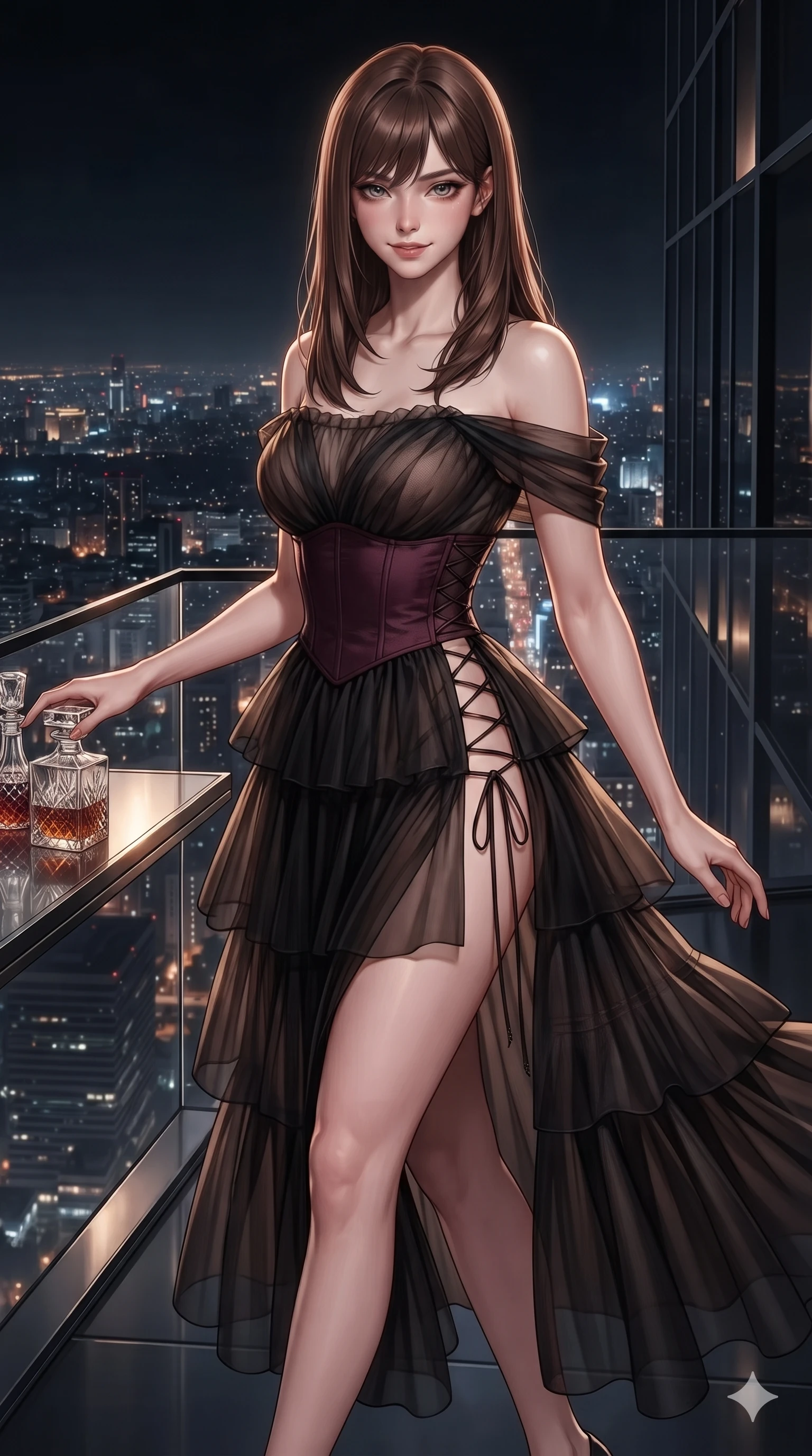 score_9, masterpiece, best quality, ultra-detailed, high-budget anime keyframe, editorial fashion photography, tasteful artistic composition, Korean woman. close-up cowboy shot from the waist and thighs up, the character dominates the composition, filling the frame with her large presence. twisting her slender torso in an alluring S-curve while reaching for a vintage crystal decanter, her dark tailored fit highlighting her hourglass curves while walking slowly along the darkened glass perimeter with feline poise, her long slender legs and curvy hips commanding the metropolitan expanse. The surrounding environment is rendered in vivid detail and crisp panoramic clarity: detailed liquid lamé slip dress cling, hip-high side slit, and monumentally sleek interior architecture in razor-sharp precision. She has an exceptionally elegant, slender, and willowy female figure with an ultra-slim waist, flat toned midriff, narrow ribcage, and sculpted feminine hips creating an alluring, slim hourglass silhouette without bulk. sharp v-shaped jawline, high-bridge nose, intricate jewel-like dark sparkling eyes with dangerous depth, thick curled eyelashes, glossy parted lips with a rich wine sheen, smoldering seductive half-smile with bedroom-eyes, exuding effortless superiority and intoxicating dark allure, flawlessly proportioned anatomical accuracy, strict slender model proportions, natural body alignment, perfectly sculpted long slender limbs, ultra-slim waistline, clean dynamic posture without body distortion. wearing a tiered semi-sheer black tulle and silk slip dress with an ultra-slim corseted waist and bare shoulders in dark mulberry wine and antique champagne, woven from bespoke high-density barathea wool with refined ceremonial hold, featuring fine criss-cross lace-up side ties revealing tantalizing glimpses of her hip curve, the bespoke structured tailoring following the natural line of her 8.5-heads silhouette with refined elegance. illuminated by panoramic exterior city light bounce and sharp amber-sapphire rim lights defining her razor-sharp jawline, narrow waist, and curvy hips. ultra-reflective glossy finish, specular highlights, rich textural contrasts, high-contrast stereoscopic depth, volumetric dynamic lighting, 2k, ultra detail, master piece, 9:16 ratio