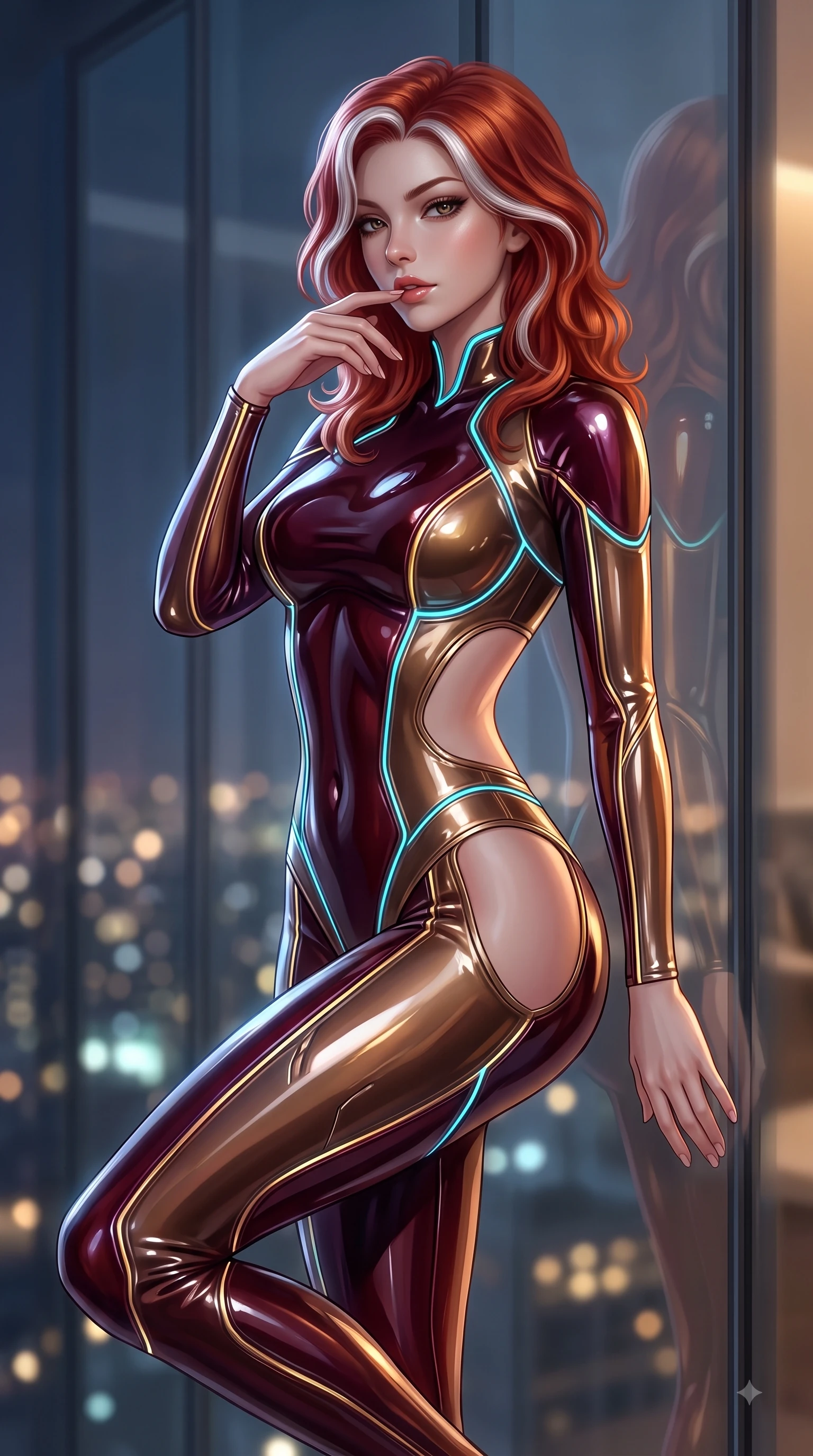score_9, masterpiece, best quality, ultra-detailed, high-budget anime keyframe, editorial fashion photography, tasteful artistic composition, Caucasian woman. close-up cowboy shot from the waist and thighs up, the character dominates the composition, filling the frame with her large presence, background elements kept in soft focus. Resting two fingers near her glossy lips, casting a sharp mysterious side-gaze during her dynamic motion while leaning against a panoramic glass window at midnight, her eyes casting a smoldering, magnetic gaze, glistening city lights twinkling softly through floor-to-ceiling glass in the background. She has an exceptionally elegant, slender, and willowy female figure with an ultra-slim waist, a gracefully sculpted slender torso, and a refined silhouette. sharp v-shaped jawline, high-bridge nose, intricate jewel-like eyes with depth, thick eyelashes, glossy lips with a natural sheen, flawlessly proportioned anatomical accuracy, natural body alignment, perfectly sculpted elegant limbs, clean dynamic posture without body distortion. wearing a skin-tight cybernetic bodysuit with glowing neon seams and side cutouts in deep burgundy and bronze, tailored from high-gloss patent leather, featuring clean architectural cutouts along her slender torso, the form-contouring material highlighting her ultra-slim waist and long lines. bathed in warm luxury ambient lighting and soft silver moonlight tracing every curve. ultra-reflective glossy finish, specular highlights, metallic sheen, high-contrast stereoscopic depth, volumetric dynamic lighting, 2k, ultra detail, master piece, 9:16 ratio
