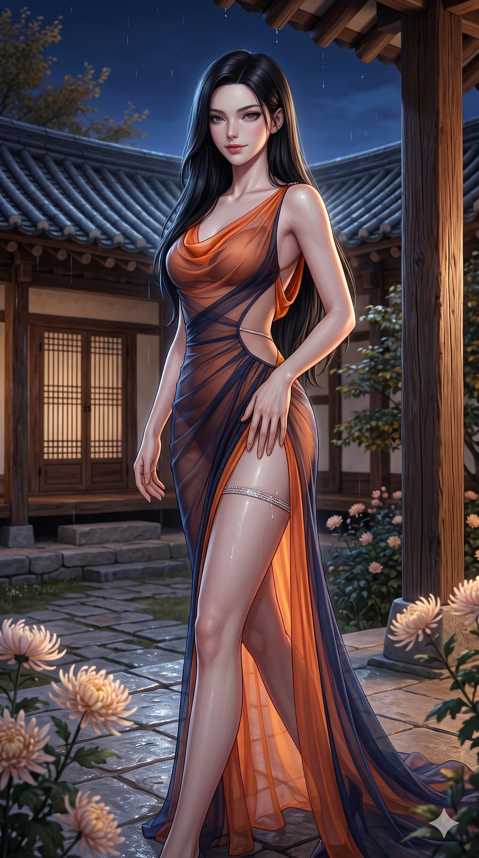 score_9, masterpiece, best quality, ultra-detailed, high-budget anime keyframe, semi-realistic 3D game render, editorial fashion photography, tasteful artistic composition, Korean woman. close-up cowboy shot from the waist and thighs up, the character dominates the composition, filling the frame with her large presence. tilting her head with a teasing half-smile, running one hand slowly down the side of her hip in a flirtatious S-curve as ambient light caresses her silhouette while stepping gracefully across the courtyard flagstones with supermodel poise, looking into the lens with quiet, magnetic self-assurance. The surrounding environment is rendered in vivid detail and crisp panoramic clarity: sharp clay roof tile ridges, carved wooden maru grain, and delicate chrysanthemum petal edges in deep focus. She has an exceptionally elegant, slender, and willowy female figure with an ultra-slim waist, flat toned midriff, narrow ribcage, and sculpted feminine hips creating an alluring, slim hourglass silhouette without bulk. sharp v-shaped jawline, high-bridge nose, sparkling eyes with hypnotic seductive depth, thick curled eyelashes, glossy parted lips with a natural dewy peach sheen, alluring bedroom-eyes with an enchanting coquettish smile, exuding magnetic siren charisma and sophisticated glamour, flawlessly proportioned anatomical accuracy, strict slender model proportions, natural body alignment, perfectly sculpted long slender limbs, ultra-slim waistline, clean dynamic posture without body distortion. wearing a form-contouring gossamer silk chiffon slip dress with hip-high slit and open cowl back clinging with evening mist in sunset tangerine orange and deep navy indigo, featuring strategic sheer-illusion micro-mesh cutouts along her ribcage and hip flanks, accented with a delicate crystal-encrusted thigh garter strap glinting under the lights, the impeccably tailored cut draping gracefully along her slender figure with aristocratic eastern poise. bathed in crisp autumn moonlight washing across curved clay roof tiles and stone courtyards. highly saturated vibrant anime colors, detailed shading with soft gradients, rich glossy textures, high-contrast stereoscopic depth, volumetric dynamic lighting, master piece, 9:16 ratio