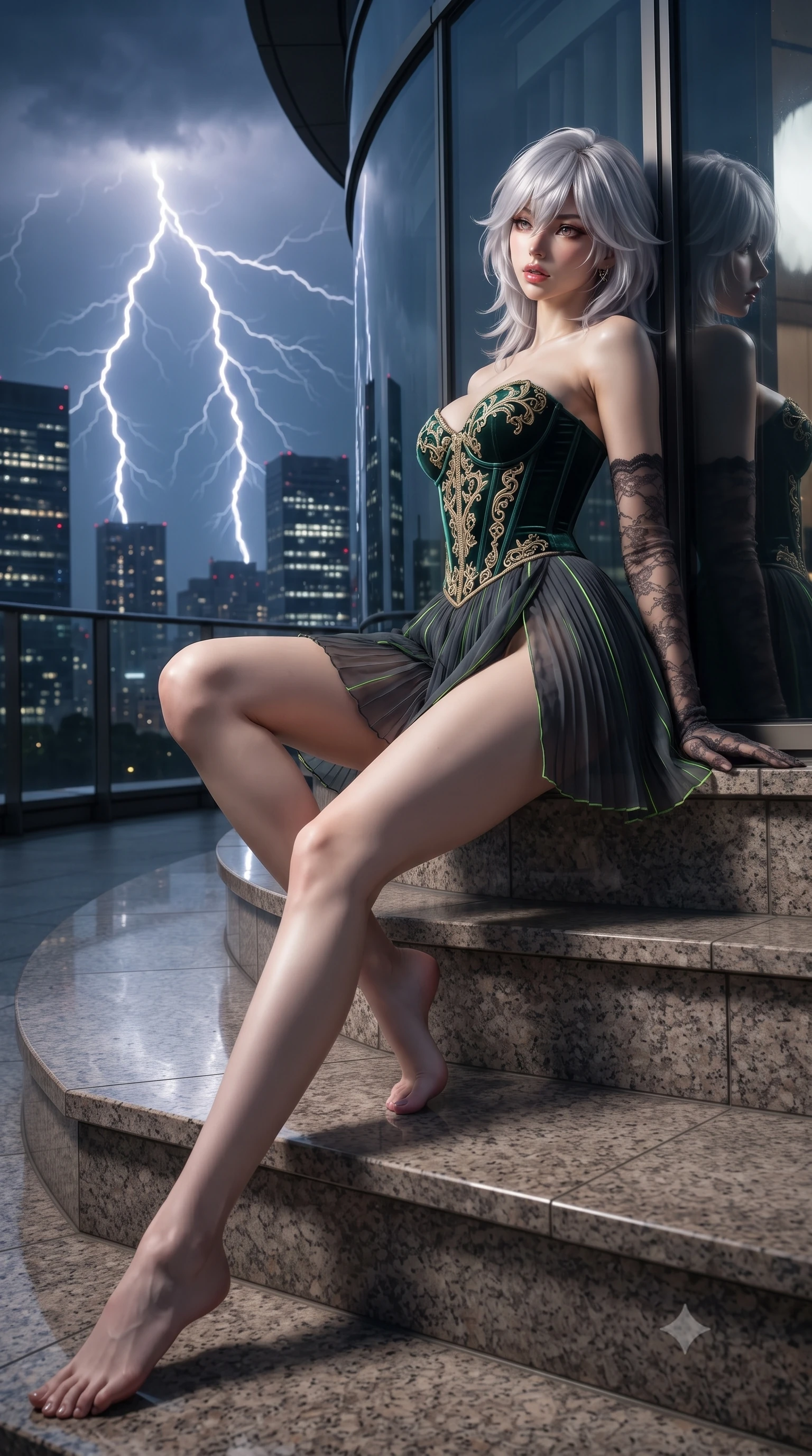 score_9, masterpiece, best quality, ultra-detailed, high-budget anime keyframe, editorial fashion photography, tasteful artistic composition, Japanese woman. low angle full-body shot from head to toe showing her feet, filling the entire 9:16 vertical frame with her statuesque presence, stretching her vertical silhouette. sitting poised on the stone steps with one knee bent, arching her spine with supermodel elegance as she glances upward through thick eyelashes while leaning against the curved glass exterior wall with hips cocked back, looking over a bare shoulder toward lightning dancing over the metropolis. The surrounding environment is rendered in vivid detail and crisp panoramic clarity: detailed wet-look tactical corset cling, glossy parted lips, and mega-structure engineering in razor-sharp precision. She has an absolutely perfect, statuesque 8.5-heads proportion, an exceptionally tall and slender model-like female figure with impossibly long slender legs, an ultra-slim waist, a flat toned midriff, narrow delicate ribcage, and beautifully sculpted feminine hips creating a graceful, slim hourglass silhouette without any bulky heaviness. sharp v-shaped jawline, high-bridge nose, sparkling eyes with hypnotic seductive depth, thick curled eyelashes, glossy parted lips with a natural dewy peach sheen, alluring bedroom-eyes with an enchanting coquettish smile, exuding magnetic siren charisma and sophisticated glamour, flawlessly proportioned anatomical accuracy, strict slender model proportions, natural body alignment, perfectly sculpted long slender limbs, ultra-slim waistline, clean dynamic posture without body distortion. wearing a structured velvet ballet bodice with gold filigree embroidery paired with an airy knife-pleated organza mini skirt in stealth night-vision green and carbon charcoal with neon accents, tailored from fine ribbed modal knit with gentle elastic contouring and soft hand-feel, complemented by sheer opera-length lace evening gloves tracing her slender arms, the high-slit wrap tailoring accentuating her ultra-slim waistline and the enchanting curve of her feminine hips with alluring seductive charm. illuminated by exterior lightning flash bounce and sharp platinum rim lights sculpting her delicate clavicles, narrow waist, and curvy hips. ultra-reflective glossy finish, specular highlights, rich textural contrasts, high-contrast stereoscopic depth, volumetric dynamic lighting, 2k, ultra detail, master piece, 9:16 ratio