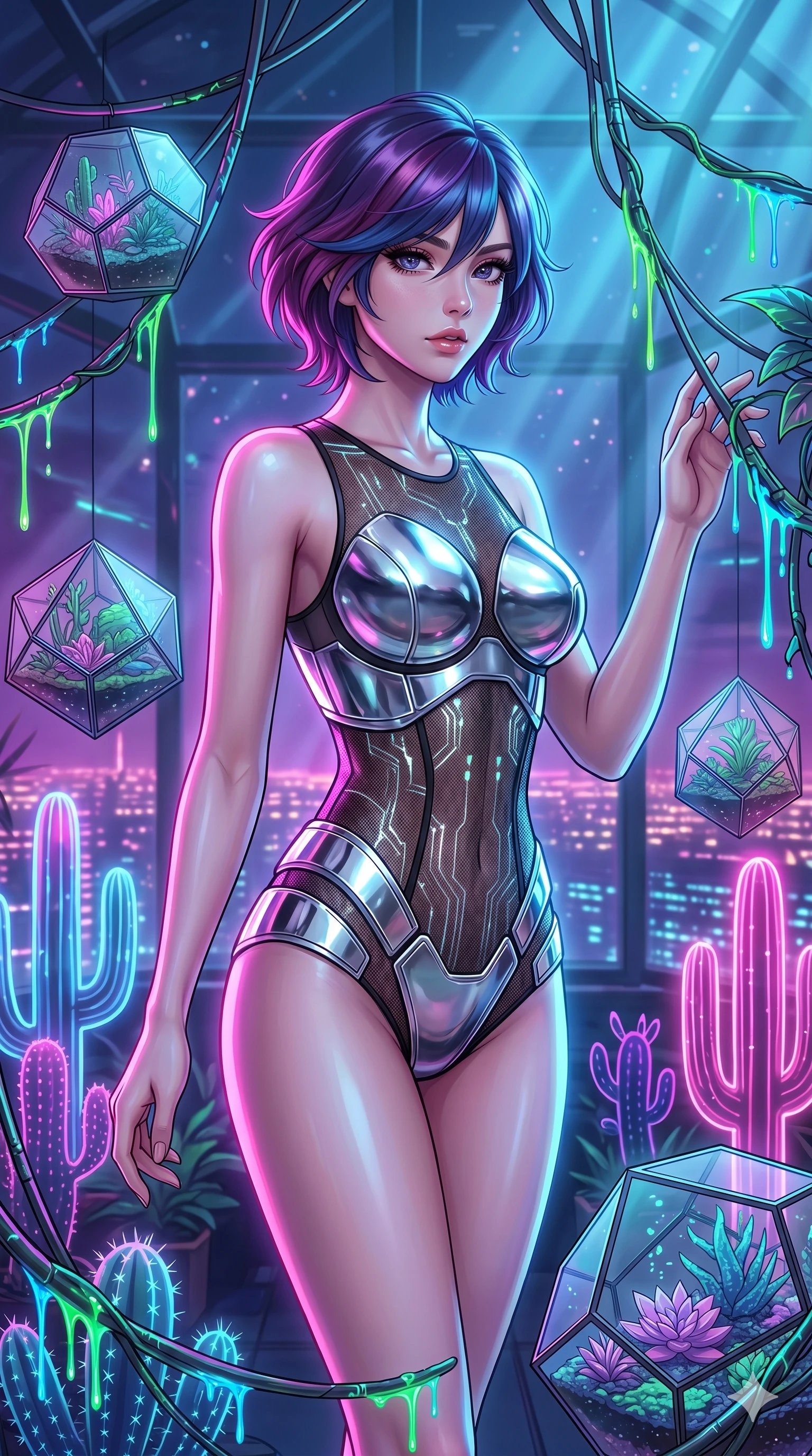 score_9, masterpiece, best quality, ultra-detailed, high-budget anime keyframe, Japanese woman. upper body close-up from the thighs up, character filling the screen for maximum presence. standing in a retro-futuristic synthwave greenhouse where glowing neon cacti and polyhedral glass terrariums float around her, while fluorescent cyber-sap drips from cybernetic vines. She has an absolutely perfect 8-heads proportion, an exceptionally tall and slender female figure with impossibly long slender legs and an ultra-slim waist. V-shaped jawline, high-bridge nose, intricate jewel-like eyes with depth, thick eyelashes, glossy lips with a natural sheen.. wearing a bionic chrome plate bodysuit, featuring silver chrome plates covering the bust and hips, connected by sheer black mesh panels. bathed in brilliant cinematic volumetric lighting and intense neon rim light highlighting her slender form. 2k, ultra detail, master piece, 9:16 ratio