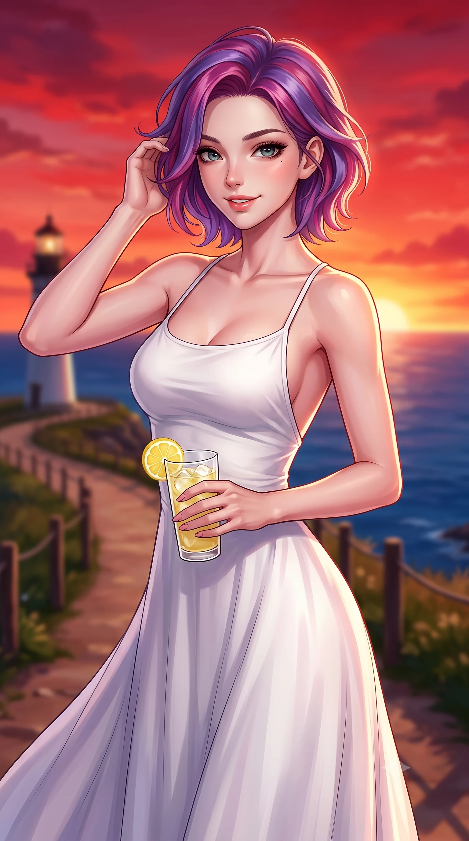 score_9, masterpiece, best quality, ultra-detailed, high-budget anime keyframe, editorial fashion photography, tasteful artistic composition, Caucasian woman. close-up cowboy shot from the waist and thighs up, the character dominates the composition, filling the frame with her large presence, background elements kept in soft focus. smiling cutely while gently brushing a strand of hair behind her ear set against a soft-focus background of at a coastal lighthouse park path overlooking the deep blue sea holding a glass of iced lemonade with a slice of fresh lemon. She has an exceptionally elegant, slender, and willowy female figure with an ultra-slim waist, a gracefully sculpted slender torso, and a refined silhouette. sharp v-shaped jawline, high-bridge nose, intricate jewel-like eyes with depth, thick eyelashes, glossy lips with a natural sheen. wearing body-hugging backless cotton sundress in white, featuring delicate straps and a long flowing skirt. the dramatic red and orange sunset sky casting a majestic rim light on her. highly saturated vibrant anime colors, detailed shading with soft gradients, rich glossy textures, high-contrast stereoscopic depth, volumetric dynamic lighting, master piece, 9:16 ratio