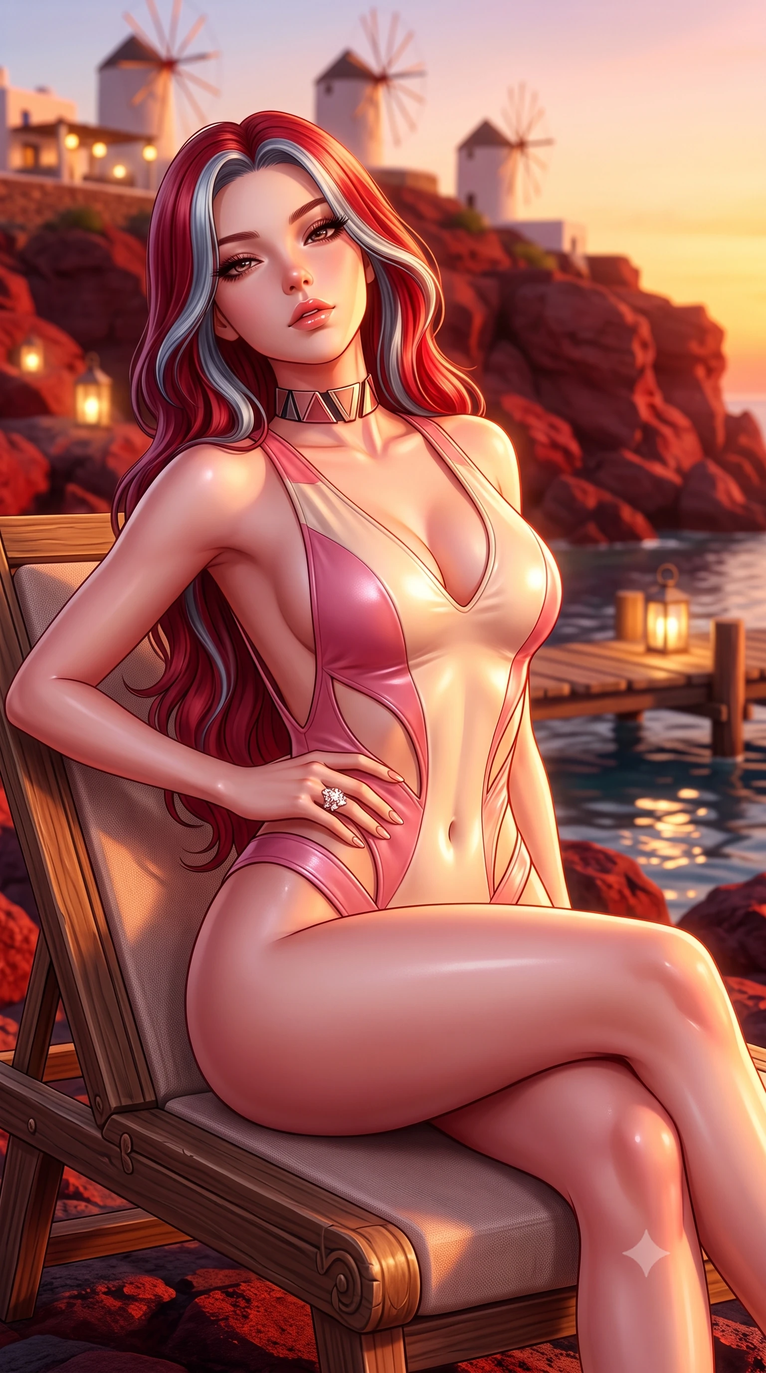 score_9, masterpiece, best quality, ultra-detailed, high-budget anime keyframe, semi-realistic 3D game render, editorial fashion photography, tasteful artistic composition, Caucasian woman. close-up cowboy shot from the waist and thighs up, the character dominates the composition, filling the frame with her large presence. tilting her chin up with proud, sovereign allure while gazing through thick eyelashes, one hand resting on her waist in pure supermodel charisma while reclining languidly on a wooden sunbed with legs crossed, her long slender legs and curvy hips bathed in warm dockside lantern light and sea reflections. The composition keeps background elements in soft focus with creamy bokeh. distant Oia cliffside windmills and taverna lantern glow softened in romantic Greek island shallow focus. She has an exceptionally elegant, slender, and willowy female figure with an ultra-slim waist, flat toned midriff, narrow ribcage, and sculpted feminine hips creating an alluring, slim hourglass silhouette without bulk. sharp v-shaped jawline, high-bridge nose, intricate jewel-like eyes with depth, thick eyelashes, glossy parted lips with a natural sheen, intensely captivating and seductive bedroom-eyes expression, flawlessly proportioned anatomical accuracy, strict slender model proportions, natural body alignment, perfectly sculpted long slender limbs, ultra-slim waistline, clean dynamic posture without body distortion. wearing a botanical cutout monokini with organic leaf-curve side openings and high-cut hip bands in sakura blossom pink and warm ivory, formed from supple second-skin lambskin leather with specular sheen, complemented by a bold geometric choker and sparkling cocktail ring, the dramatically scooped open back descending to the base of her spine, accentuating her razor-sharp statuesque lines and slim hourglass silhouette. bathed in intense golden hour Aegean sunset glow reflecting off deep red volcanic rocks. highly saturated vibrant anime colors, detailed shading with soft gradients, rich glossy textures, high-contrast stereoscopic depth, volumetric dynamic lighting, master piece, 9:16 ratio