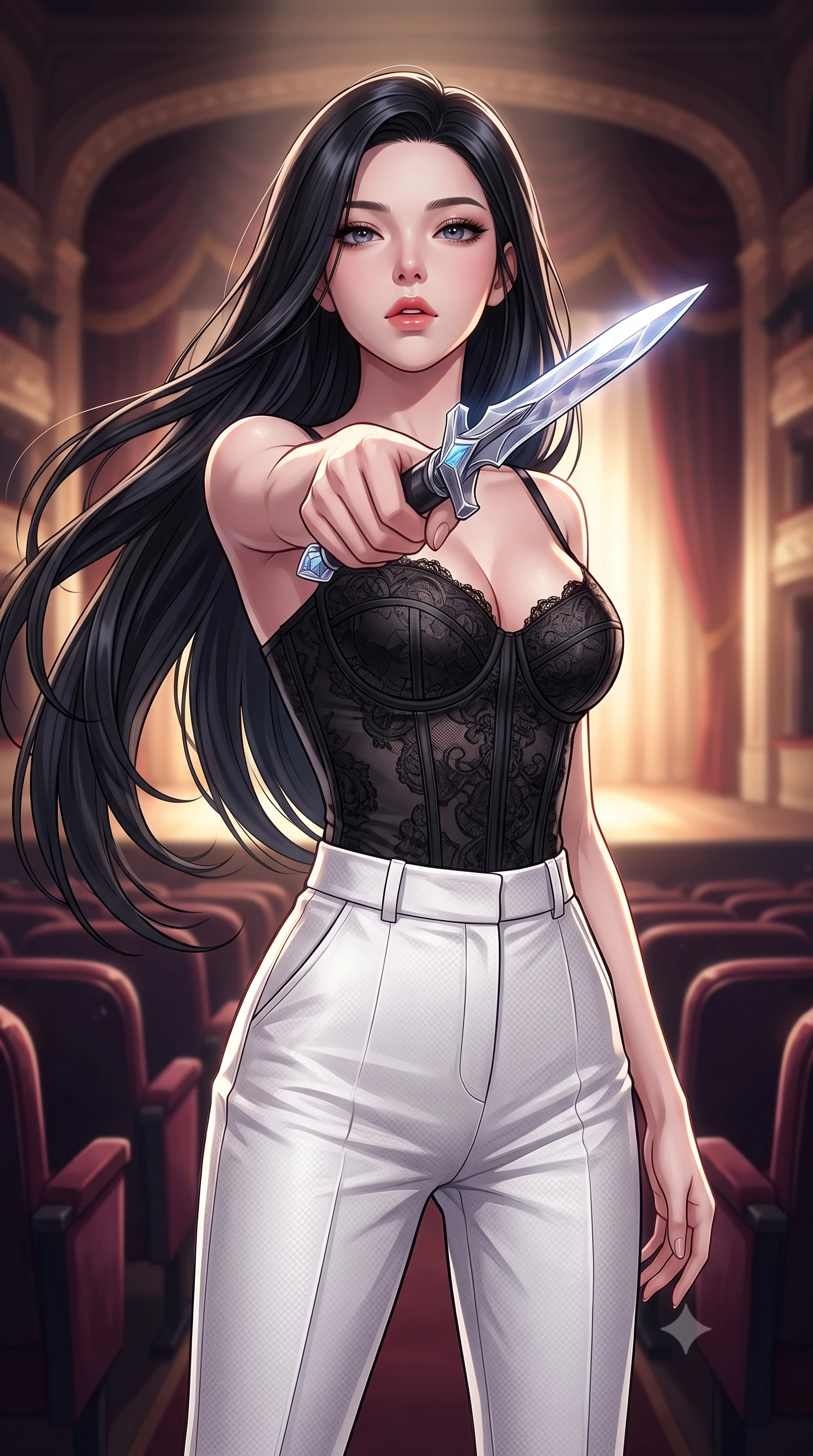 score_9, masterpiece, best quality, ultra-detailed, high-budget anime keyframe, editorial fashion photography, tasteful artistic composition, Korean woman. close-up cowboy shot from the waist and thighs up, the character dominates the composition, filling the frame with her large presence, background elements kept in soft focus. pointing a crystal-edged laser dagger forward in a defensive stance, tilting her chin up slightly with lips parted in a composed pose, the background shows a soft-focus an intimate opera box seating with plush velvet chairs facing a glowing stage. She has an exceptionally elegant, slender, and willowy female figure with an ultra-slim waist, a gracefully sculpted slender torso, and a refined silhouette. sharp v-shaped jawline, high-bridge nose, intricate jewel-like eyes with depth, thick eyelashes, glossy lips with a natural sheen. wearing a slim-fit delicate lace combat corset top in black silk, paired with high-waisted white carbon-weave trousers. dramatic theater stage lights casting a bright key light and deep shadows on her. highly saturated vibrant anime colors, detailed shading with soft gradients, rich glossy textures, high-contrast stereoscopic depth, volumetric dynamic lighting, master piece, 9:16 ratio