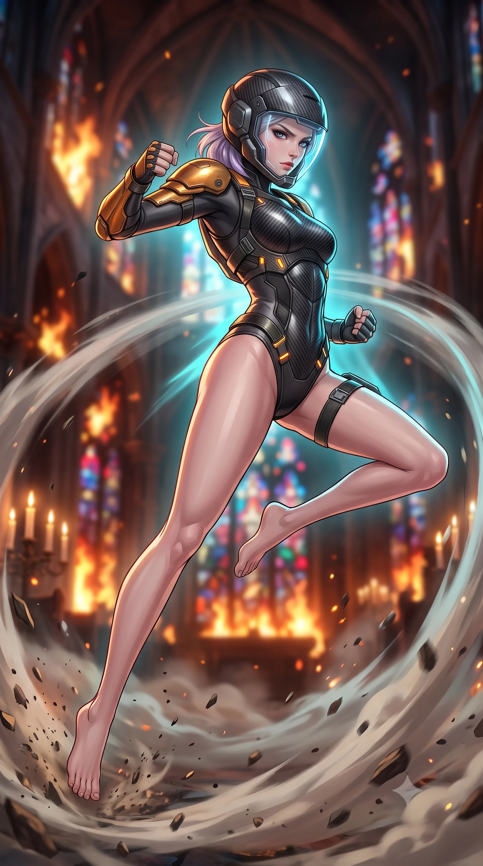 score_9, masterpiece, best quality, ultra-detailed, high-budget anime keyframe, semi-realistic 3D game render, editorial fashion photography, tasteful artistic composition, Caucasian woman. low angle full-body shot from head to toe showing her feet, filling the entire 9:16 vertical frame with her statuesque presence, stretching her vertical silhouette. leaping into mid-air with an athletic yet alluring arch of her spine, driving a downward kinetic strike surrounded by a ring of displaced air while striding forward through drifting incense and cordite smoke with fierce, regal warrior composure. The composition keeps background elements in soft focus with creamy bokeh. burning cathedral arches and scattered stained-glass jewel fragments blurred into rich ruby, sapphire, and gold bokeh. She has an absolutely perfect, statuesque 8.5-heads proportion, an exceptionally tall and slender model-like female figure with impossibly long slender legs, a toned flat midriff, and an ultra-slim waist. sharp v-shaped jawline, high-bridge nose, intricate jewel-like eyes with depth, thick eyelashes, glossy lips with a natural sheen, fierce and resolute heroine expression, flawlessly proportioned anatomical accuracy, strict slender model proportions, natural body alignment, perfectly sculpted long slender limbs, ultra-slim waistline, clean dynamic posture without body distortion. wearing an open-face aerodynamic carbon-fiber combat helmet with a retracted transparent holographic HUD visor framing her sharp jawline and jewel-like eyes, paired with a heavy modular carbon-fiber combat cuirass paired with a second-skin tactical leotard and reinforced titanium shoulder pauldrons in molten amber-gold carbon cuirass with dark gunmetal weave, crafted from ultra-strong woven carbon-fiber composite with battle-tested satin luster, reinforced by a heavy-duty titanium tactical harness and glowing micro-energy status straps, the liquid-tight tailored fabric emphasizing every curve of her tall, slender model proportions and sculptured silhouette during dynamic movement. bathed in flickering candlelight and blazing fires with cool cyan kinetic energy backlighting. rich saturated anime colors with glowing neon highlights, detailed shading with soft gradients, rich glossy textures, high-contrast stereoscopic depth, volumetric dynamic lighting, master piece, 9:16 ratio