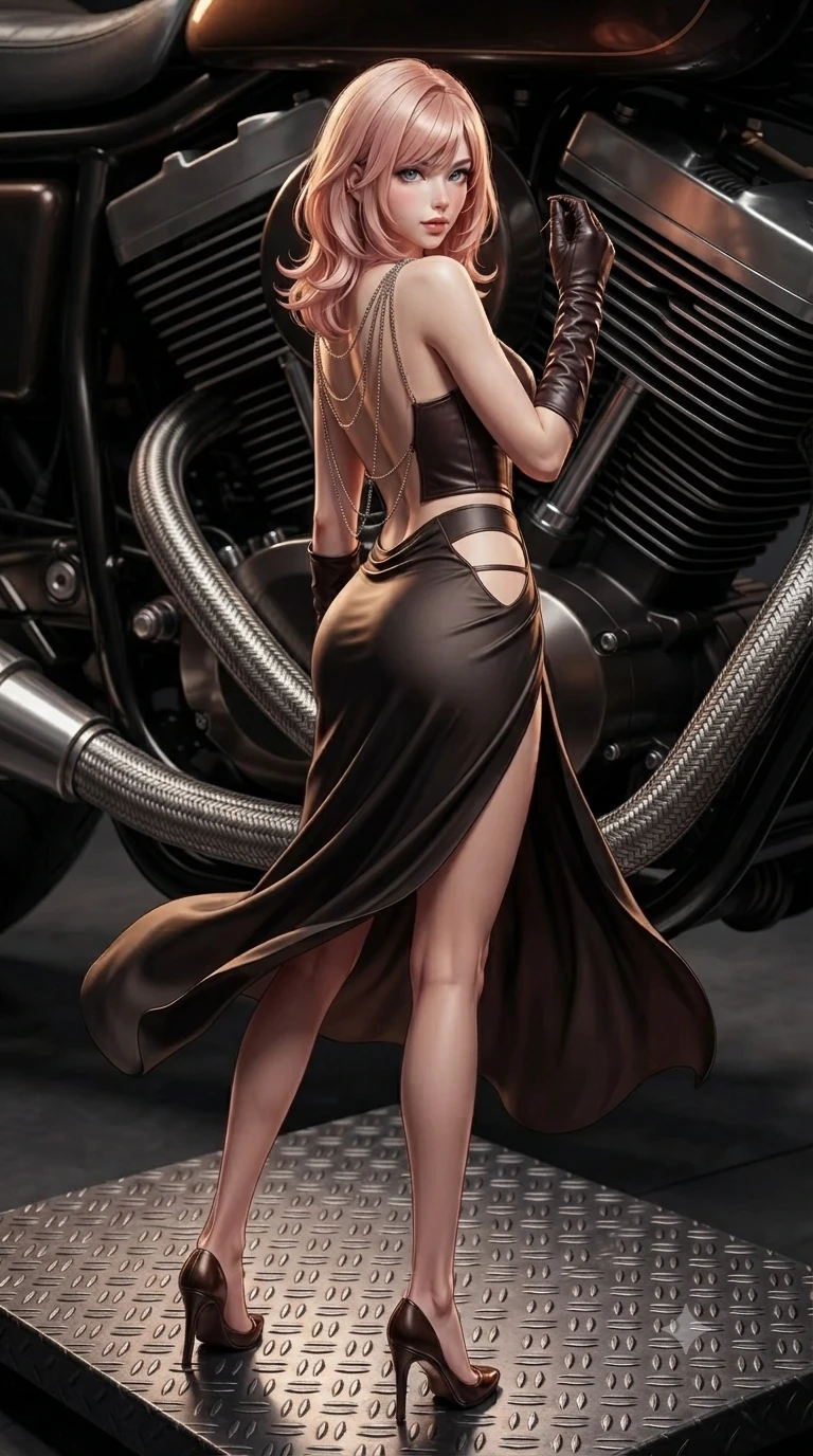 score_9, masterpiece, best quality, ultra-detailed, high-budget anime keyframe, editorial fashion photography, tasteful artistic composition, Japanese woman. low angle full-body shot from head to toe showing her feet, filling the entire 9:16 vertical frame with her statuesque presence, stretching her vertical silhouette. executing a slow, graceful pivot turn as her wrap skirt sways around her slender legs, glancing back with an enchanting, teasing sensual expression while standing poised on the steel diamond-plate platform, arching her lower back with sovereign supermodel grace while adjusting her leather gloves. The surrounding environment is rendered in vivid detail and crisp panoramic clarity: sharp raised steel diamond-plate tread pattern, braided stainless exhaust flex lines, and crisp motorcycle cooling fins in deep focus. She has an absolutely perfect, statuesque 8.5-heads proportion, an exceptionally tall and slender model-like female figure with impossibly long slender legs, an ultra-slim waist, a flat toned midriff, narrow delicate ribcage, and beautifully sculpted feminine hips creating a graceful, slim hourglass silhouette without any bulky heaviness. sharp v-shaped jawline, high-bridge nose, sparkling eyes with hypnotic seductive depth, thick curled eyelashes, glossy parted lips with a natural dewy peach sheen, alluring bedroom-eyes with an enchanting coquettish smile, exuding magnetic siren charisma and sophisticated glamour, flawlessly proportioned anatomical accuracy, strict slender model proportions, natural body alignment, perfectly sculpted long slender limbs, ultra-slim waistline, clean dynamic posture without body distortion. wearing a plunging sweetheart neckline leatherette bustier with side-waist diamond cutouts contouring her ribcage in dark espresso leather and warm amber highlights, made of fluid liquid jersey with seamless sculpting hold and smooth contours, accented with an open-back drape framed by falling strands of delicate chrome chains, the precision-cut side openings and low-back scoop framing her graceful spine and the sensual sweep of her slim, toned hips. illuminated by diamond-plate floor bounce and sharp copper-gold rim lights defining her razor-sharp jawline, narrow waist, and curvy hips. ultra-reflective glossy finish, specular highlights, rich textural contrasts, high-contrast stereoscopic depth, volumetric dynamic lighting, 2k, ultra detail, master piece, 9:16 ratio